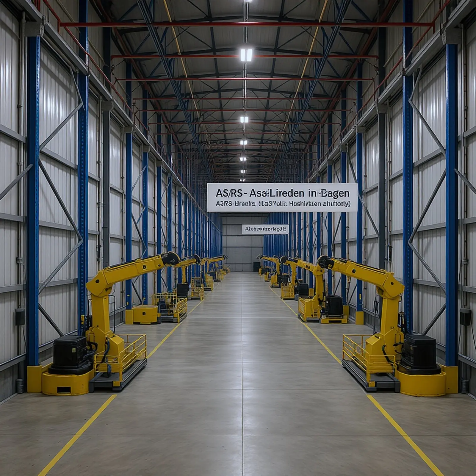 Image photoréaliste de l'intérieur d'un entrepôt automatisé à rayonnages en hauteur équipé de grues AS/RS et de navettes.