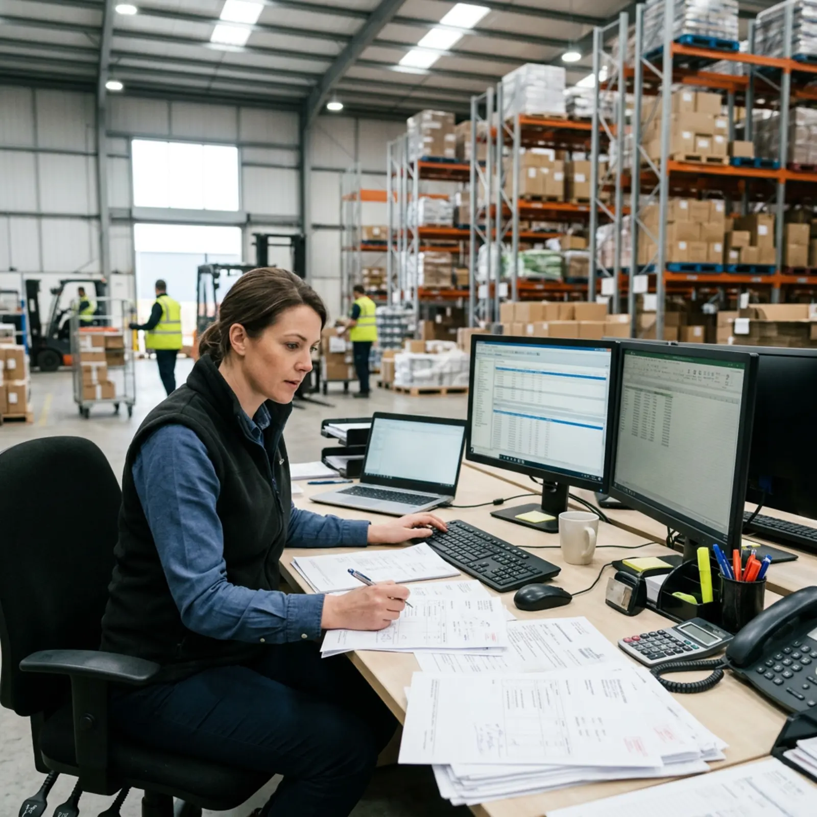 Logistikanalyst prüft Lieferscheine und Batch-Dokumente am Arbeitsplatz im Lager per PC