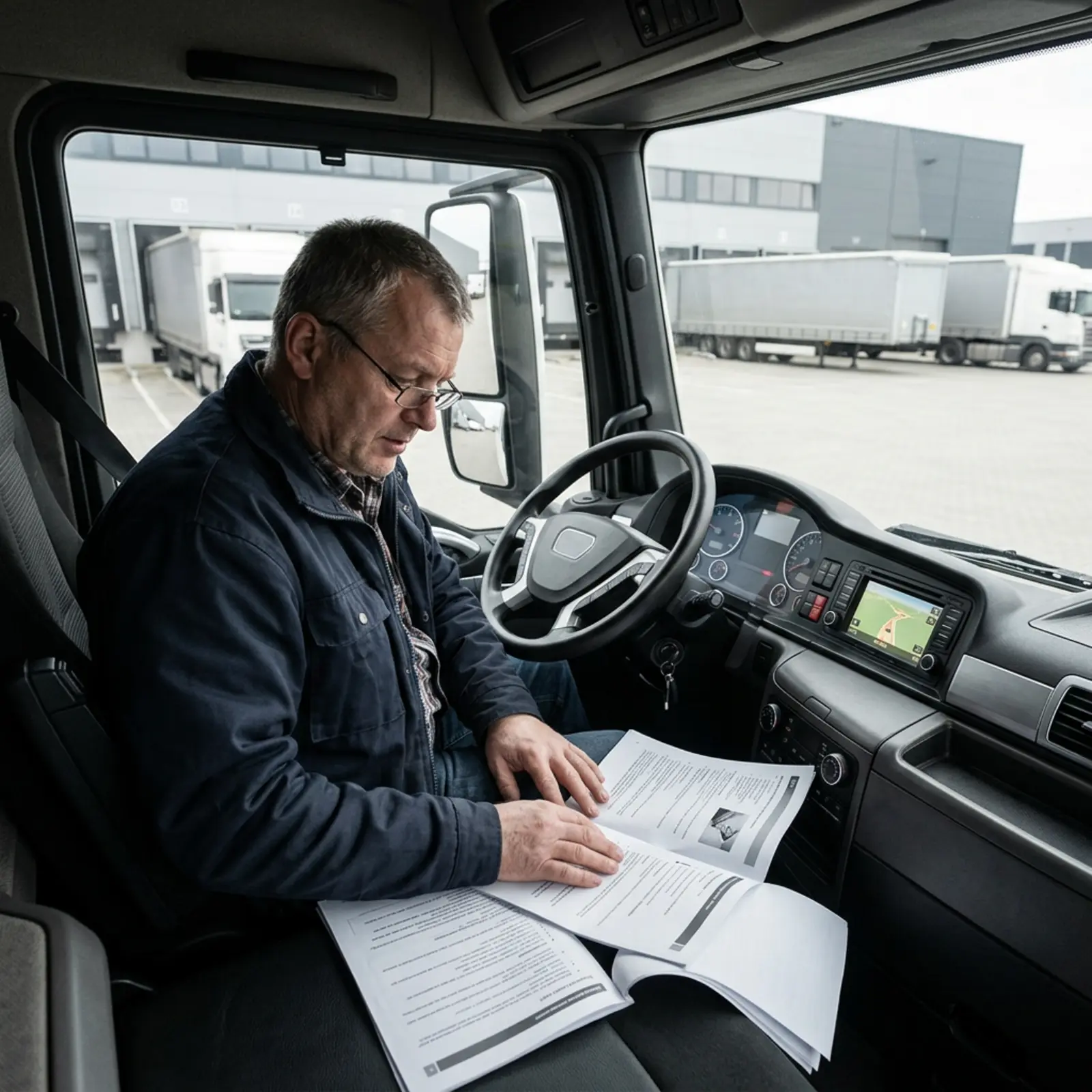 Lkw-Fahrer liest Anweisungsdokument im Führerhaus eines geparkten Transporters im Lager
