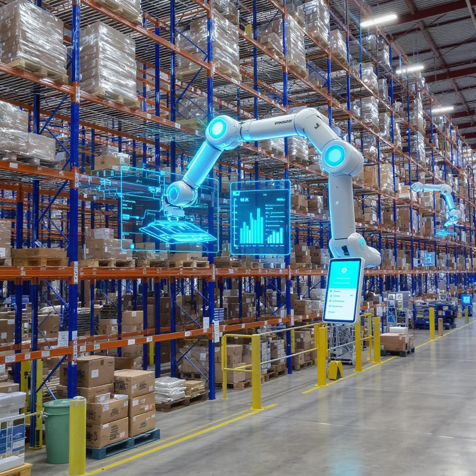 Entrepôt moderne à rayonnages en hauteur automatisé, équipé de robots, de capteurs IoT et de tableaux de bord numériques