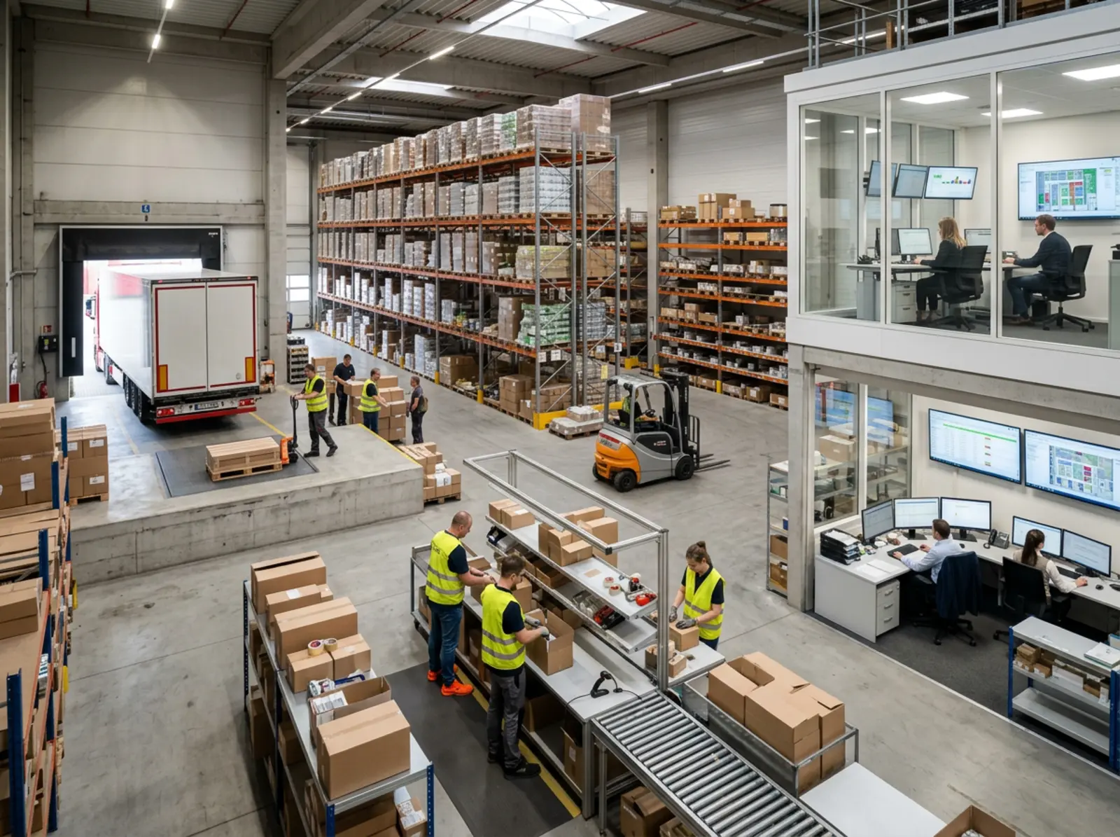 Centre logistique : camions dans la zone de chargement, rayonnages, stock, préparateurs de commandes, reconditionneurs, bureau dans la salle de contrôle vitrée