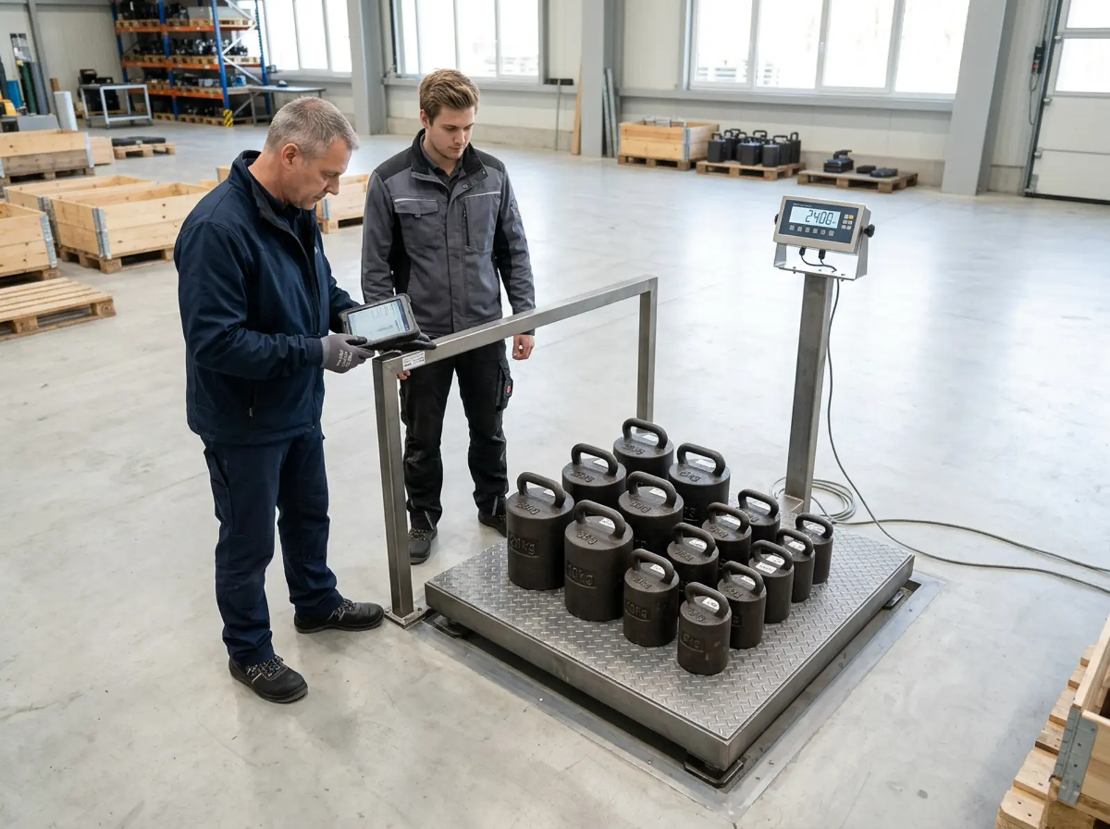Balance industrielle photoréaliste avec poids de contrôle, plaque d'étalonnage et technicien en train de procéder au contrôle.