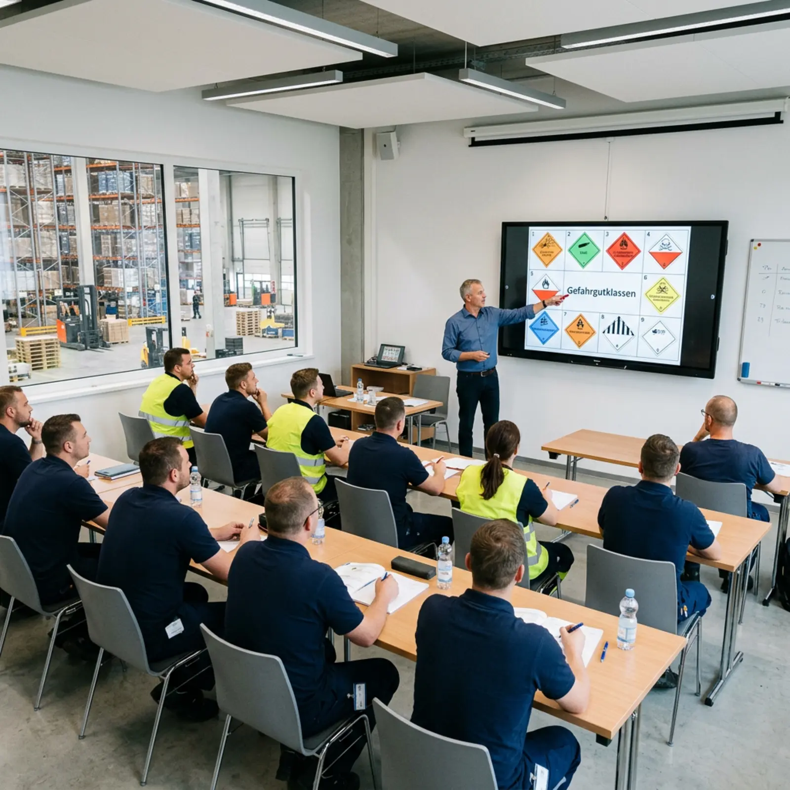 Mitarbeiterschulung im Lager: Instruktor zeigt Gefahrklassen am Bildschirm, Team im Kursraum