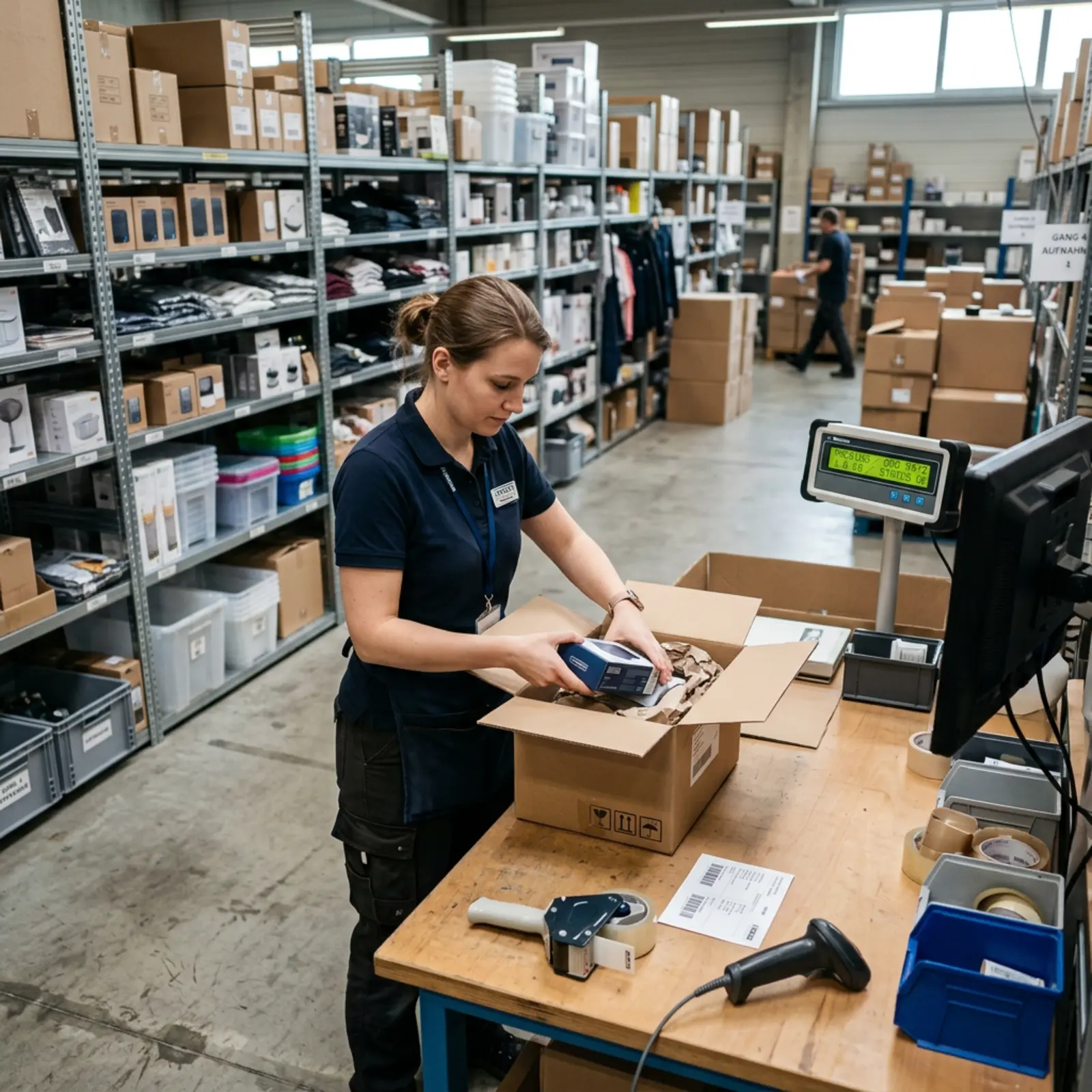 Mitarbeiter verpackt Online-Bestellung im Lagerraum eines Shops in Versandbox