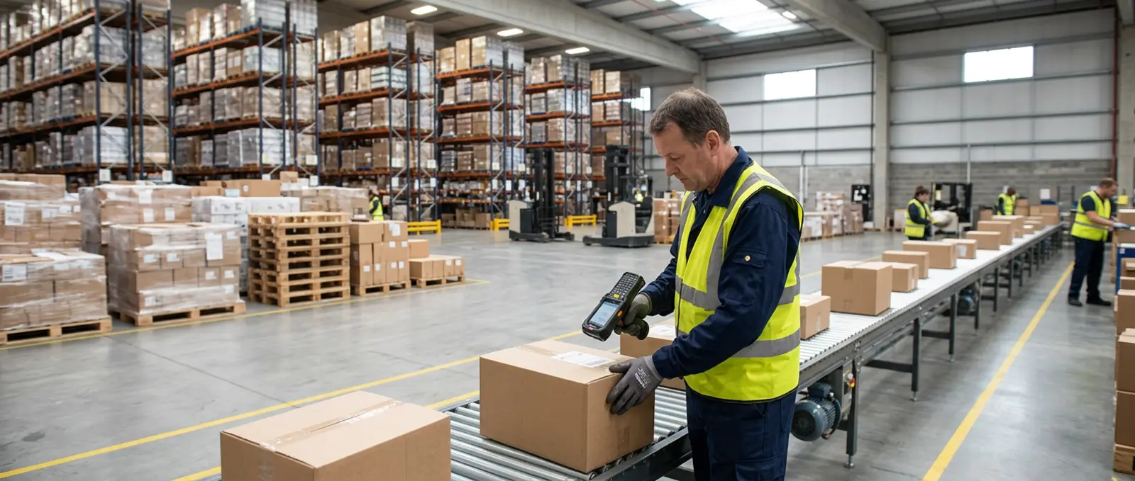 Mitarbeiter scannt Barcode auf Karton auf Förderband im modernen Lager mit Palettenregalen