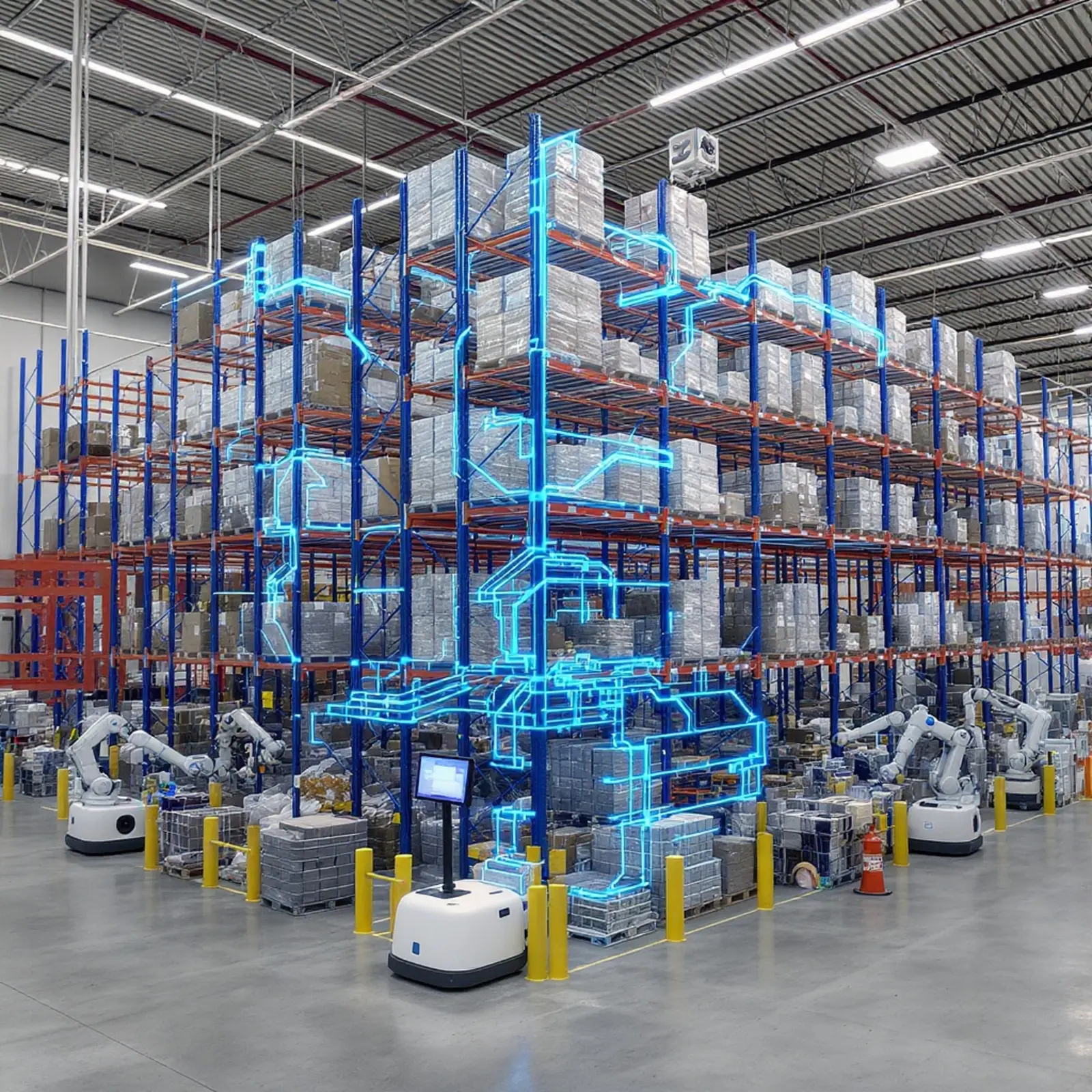 Entrepôts modernes automatisés à rayonnages en hauteur, équipés de robots, de véhicules à guidage automatique (AGV), de convoyeurs et d'affichages numériques.