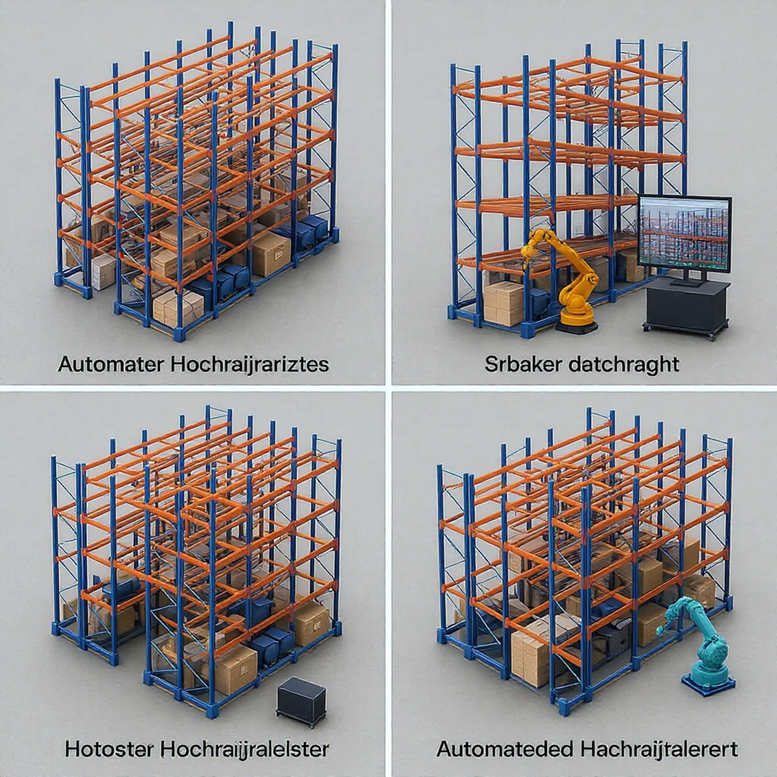 Image carrée photoréaliste représentant un entrepôt automatisé à rayonnages en hauteur équipé d'un système AS/RS, de robots et de tableaux de bord.