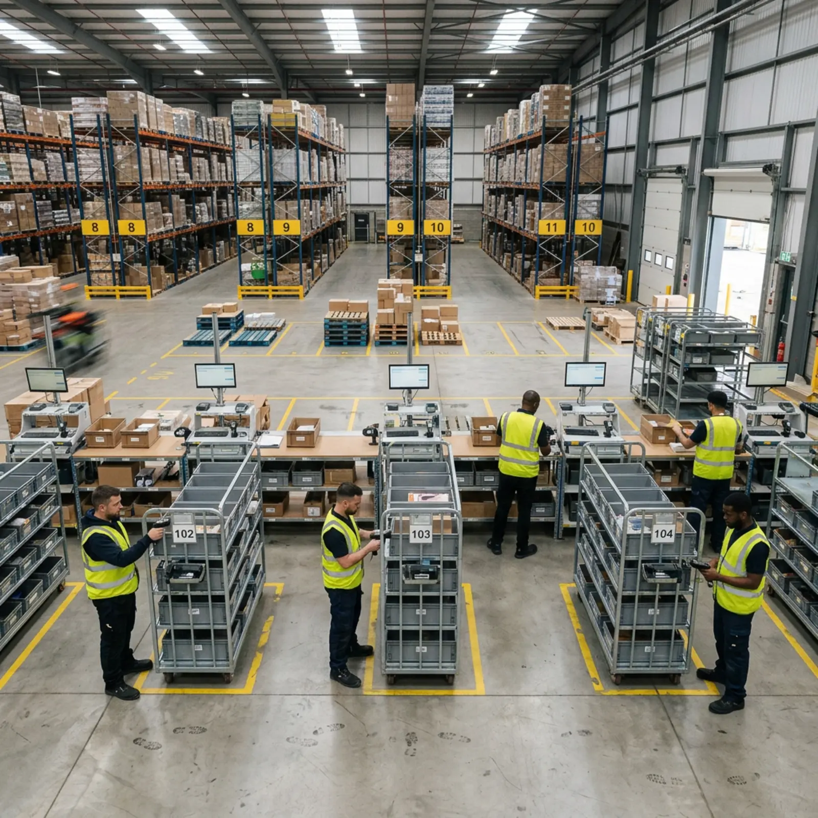 Processus d'entrepôt B2B standardisés pour la réception des marchandises et la préparation des commandes, chariots identiques et étapes de scan identiques