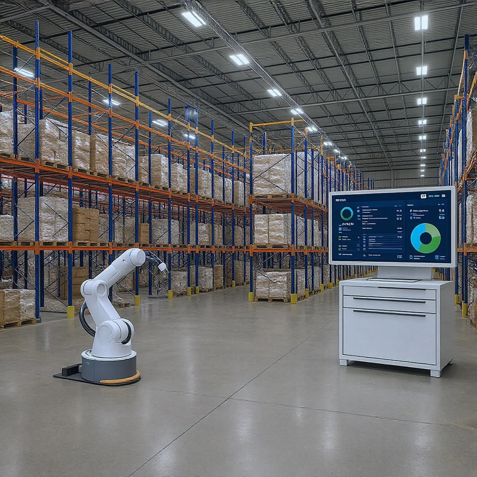 Entrepôt équipé d'un système de stockage automatisé, de robots et d'un tableau de bord WMS.