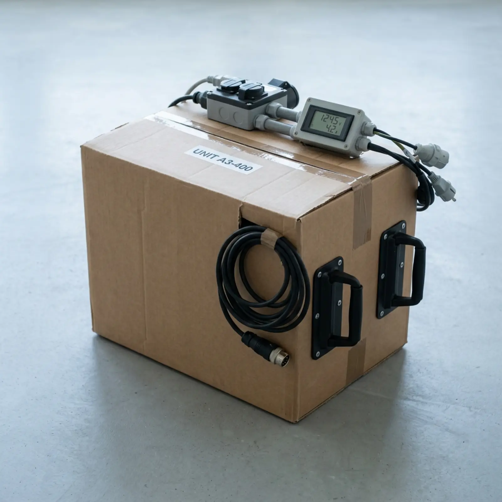 Caja de cartón con asas y lengüetas que sobresalen, sobre un fondo gris claro neutro