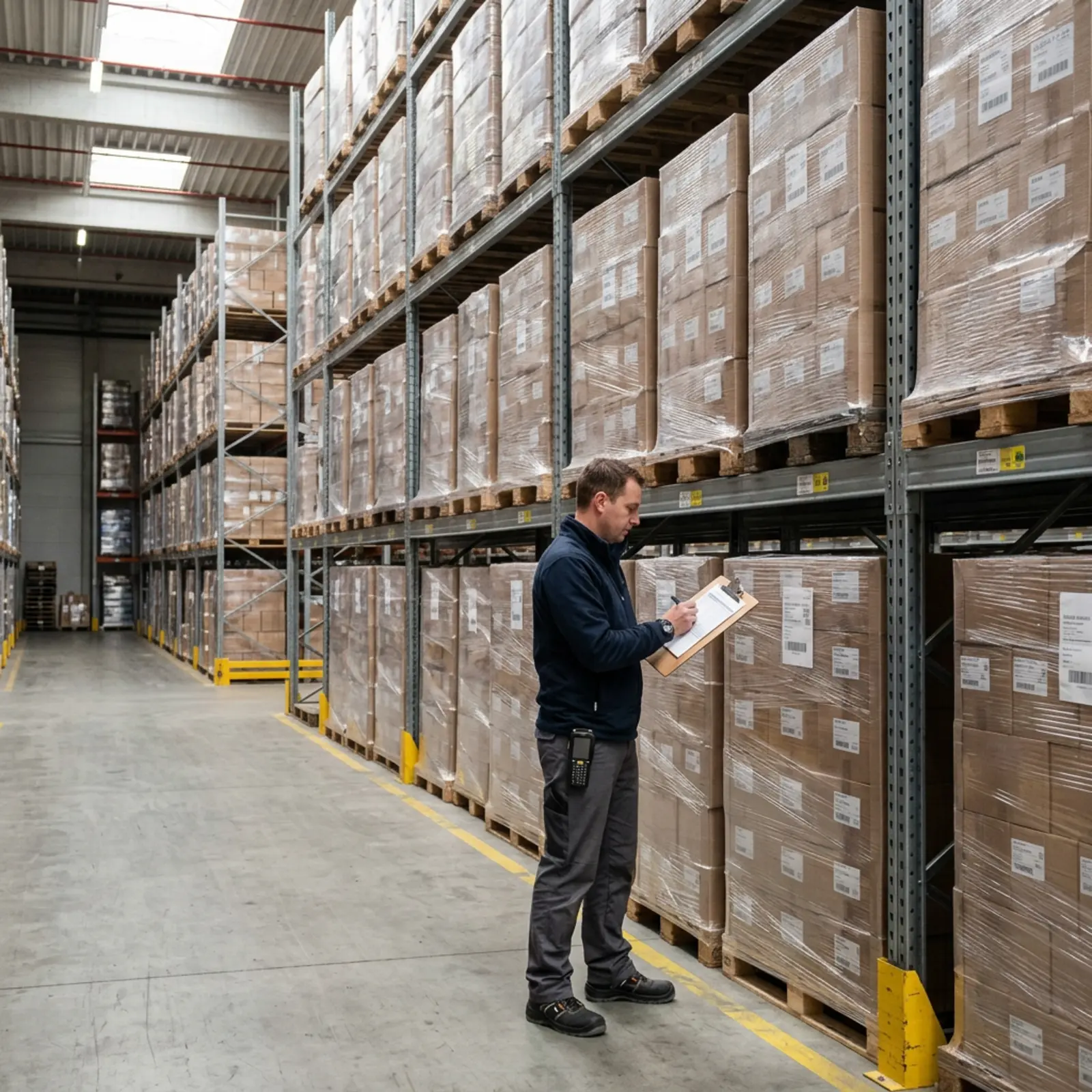 Entrepôt : le responsable recense les stocks de palettes, les compare aux listes d'inventaire et identifie les marchandises immobilisées.