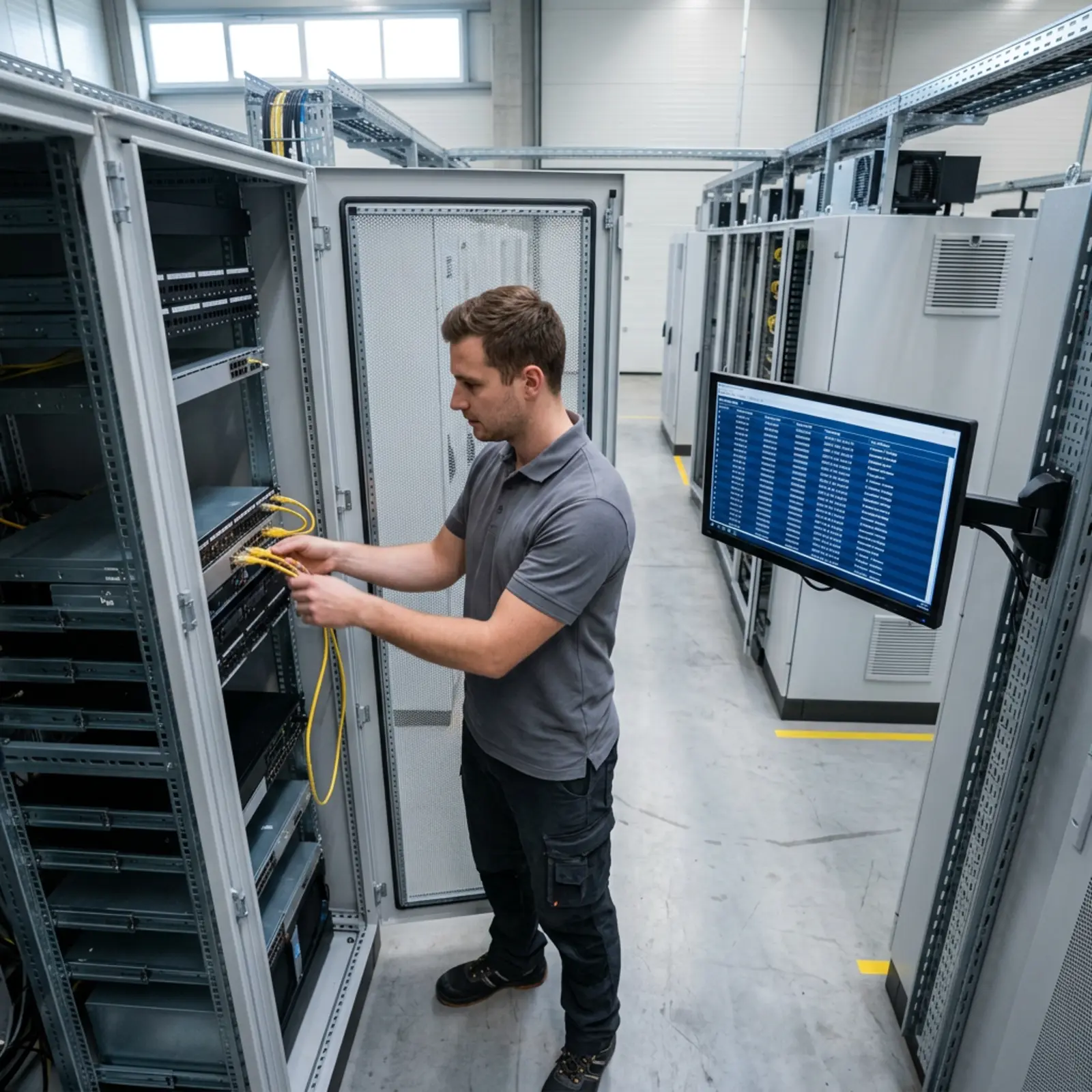 Techniker verbindet Kabel im Logistik-Rechenzentrum, Monitor zeigt Standort- und Versandzeitdaten
