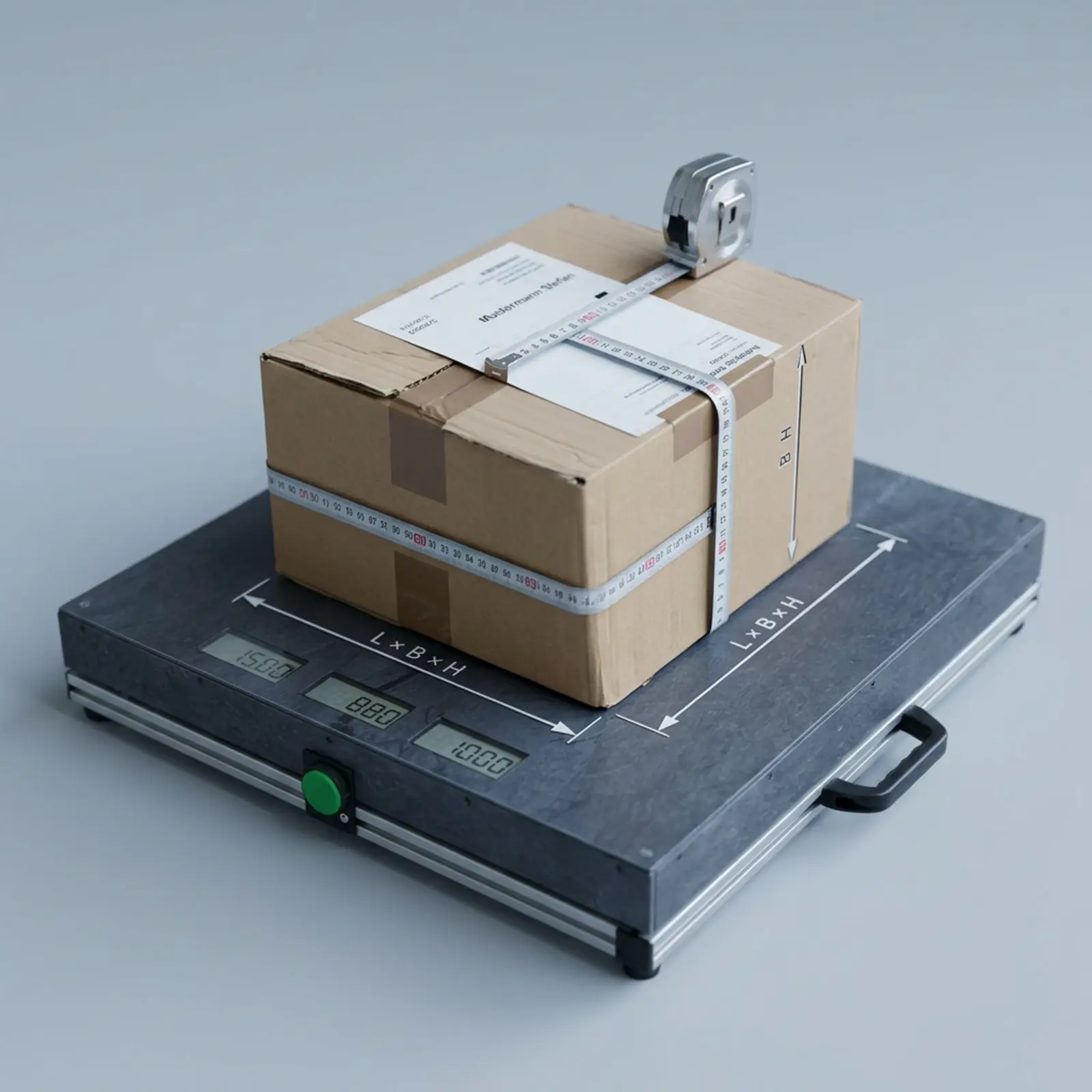 Caja de cartón con cinta métrica, en la que se indican la longitud, la anchura y la altura; estilo técnico y neutro.