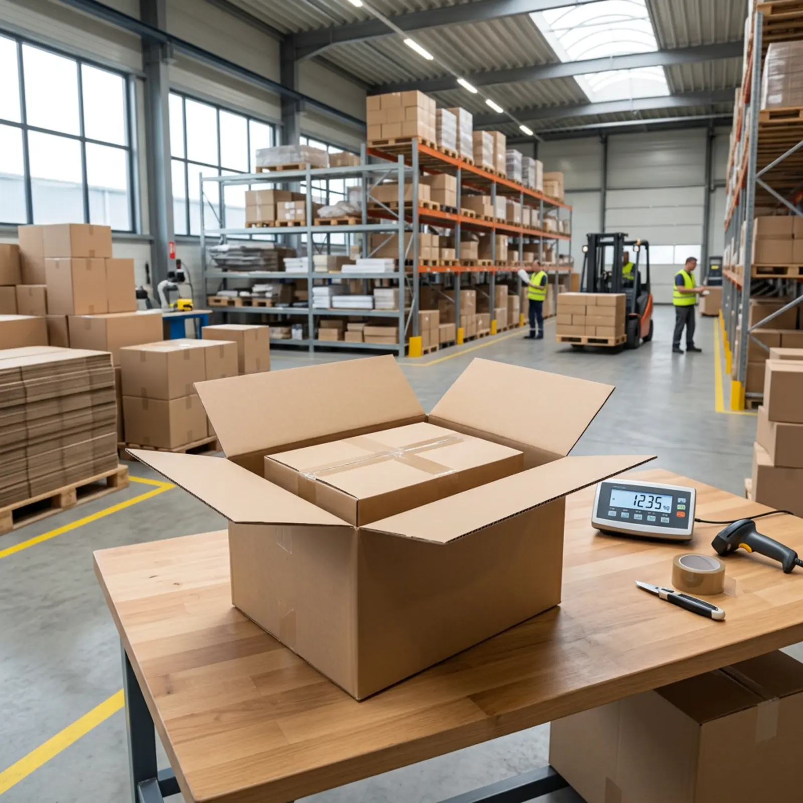 Kartonboxen in offener Versandverpackung, eng gepasst im modernen Lager unter Tageslicht