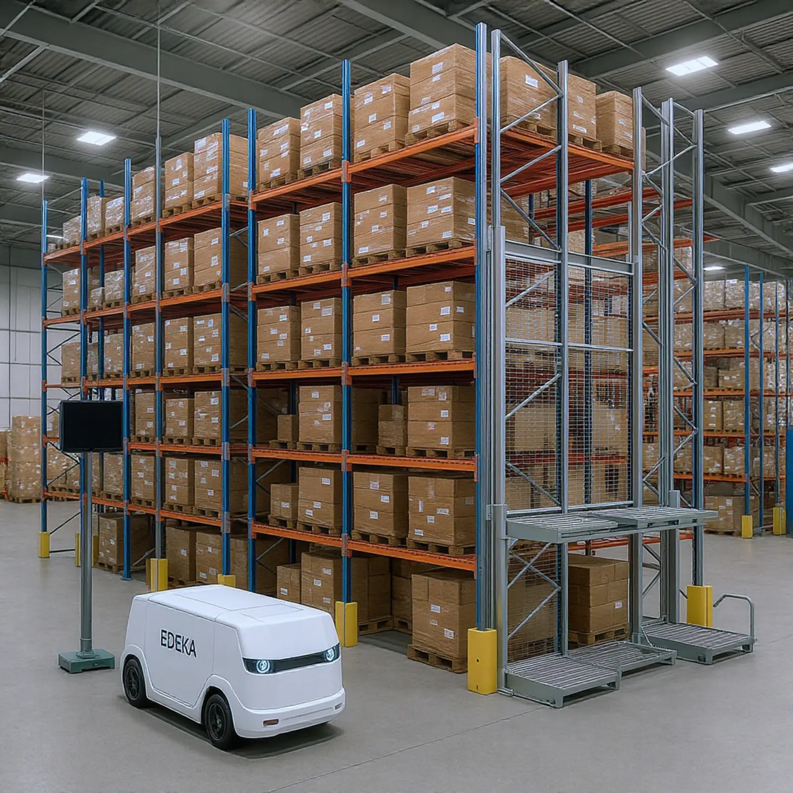 Entrepôt à rayonnages en hauteur carré et réaliste, équipé de navettes autonomes et de rayonnages de grande hauteur, EDEKA/Amazon.