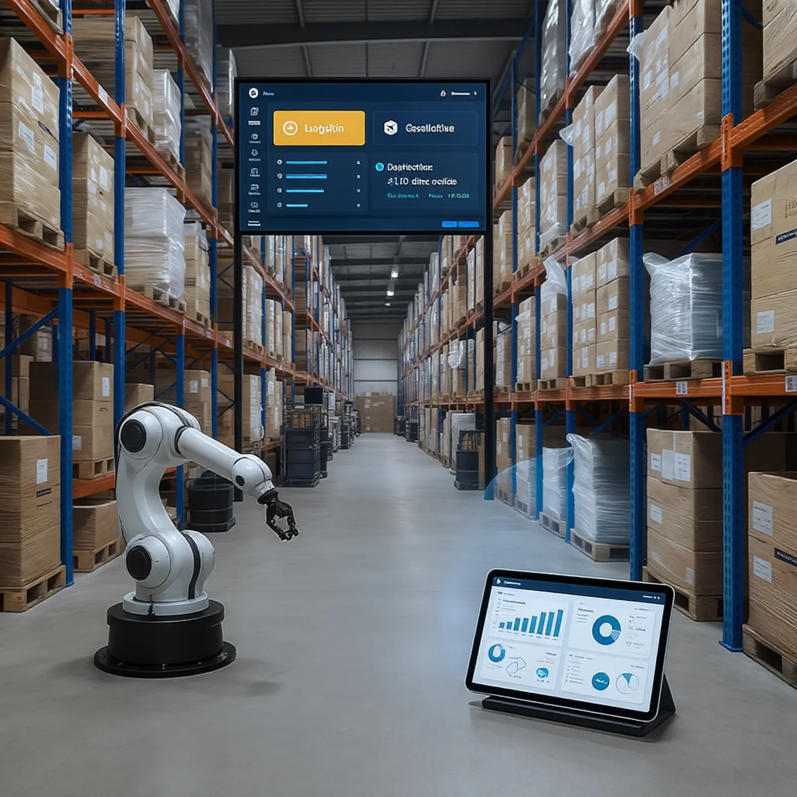 Entrepôt moderne à rayonnages en hauteur équipé de robots, de tablettes et de tableaux de bord logistiques basés sur l'intelligence artificielle.