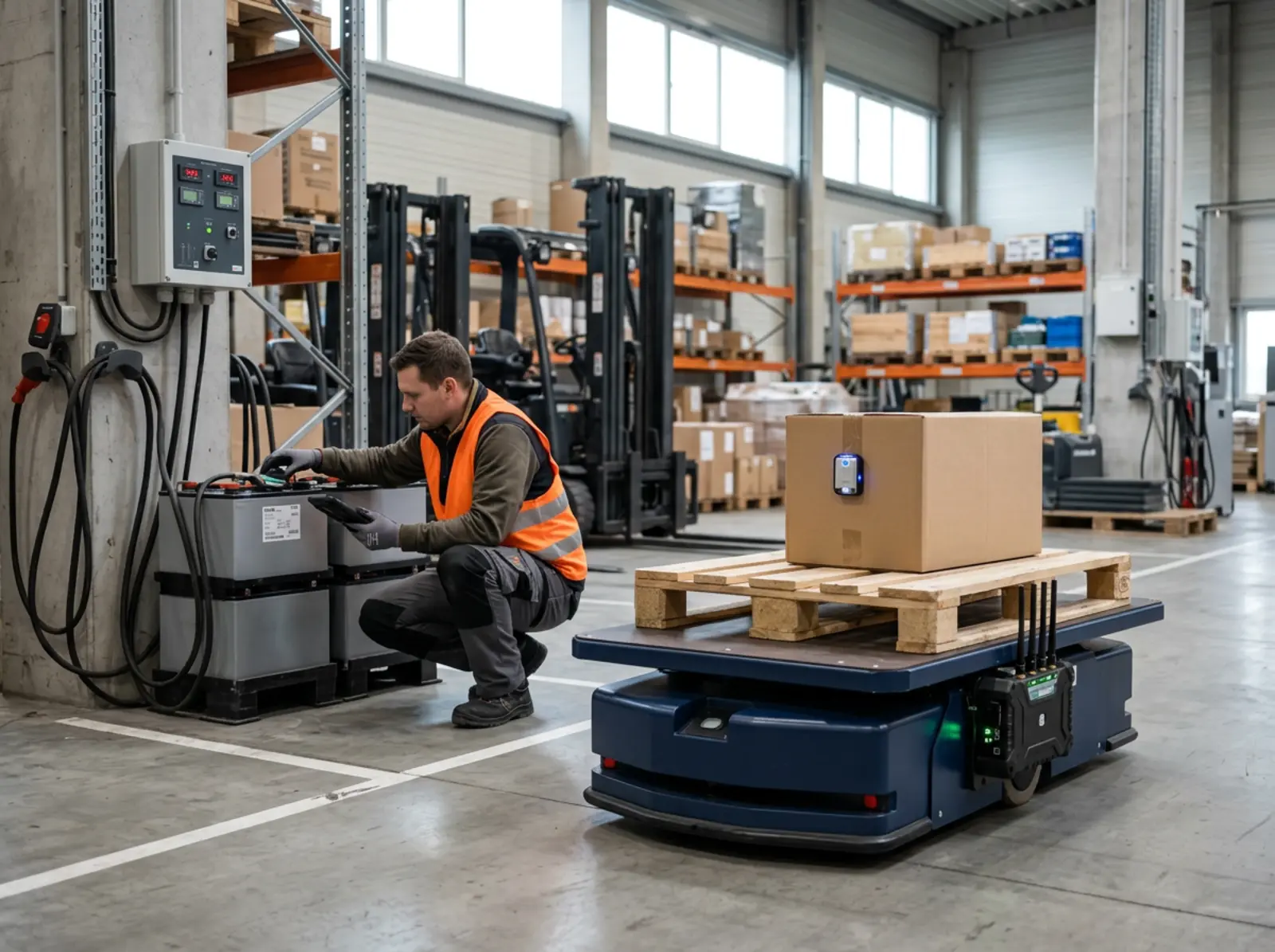 Logistik-Nahaufnahme: Palette, Paket, autonomer Wagen, Ladebereich; Techniker montiert Sensor.