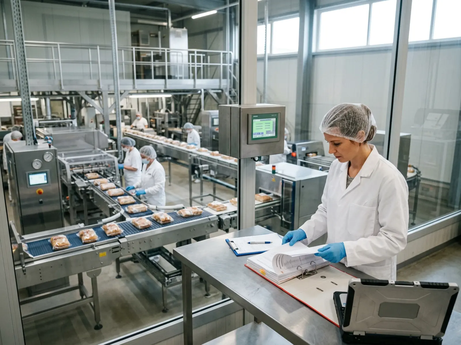 Food-Safety-Auditor prüft Produktions- und Lieferunterlagen im modernen Lager, Linie hinter Glas