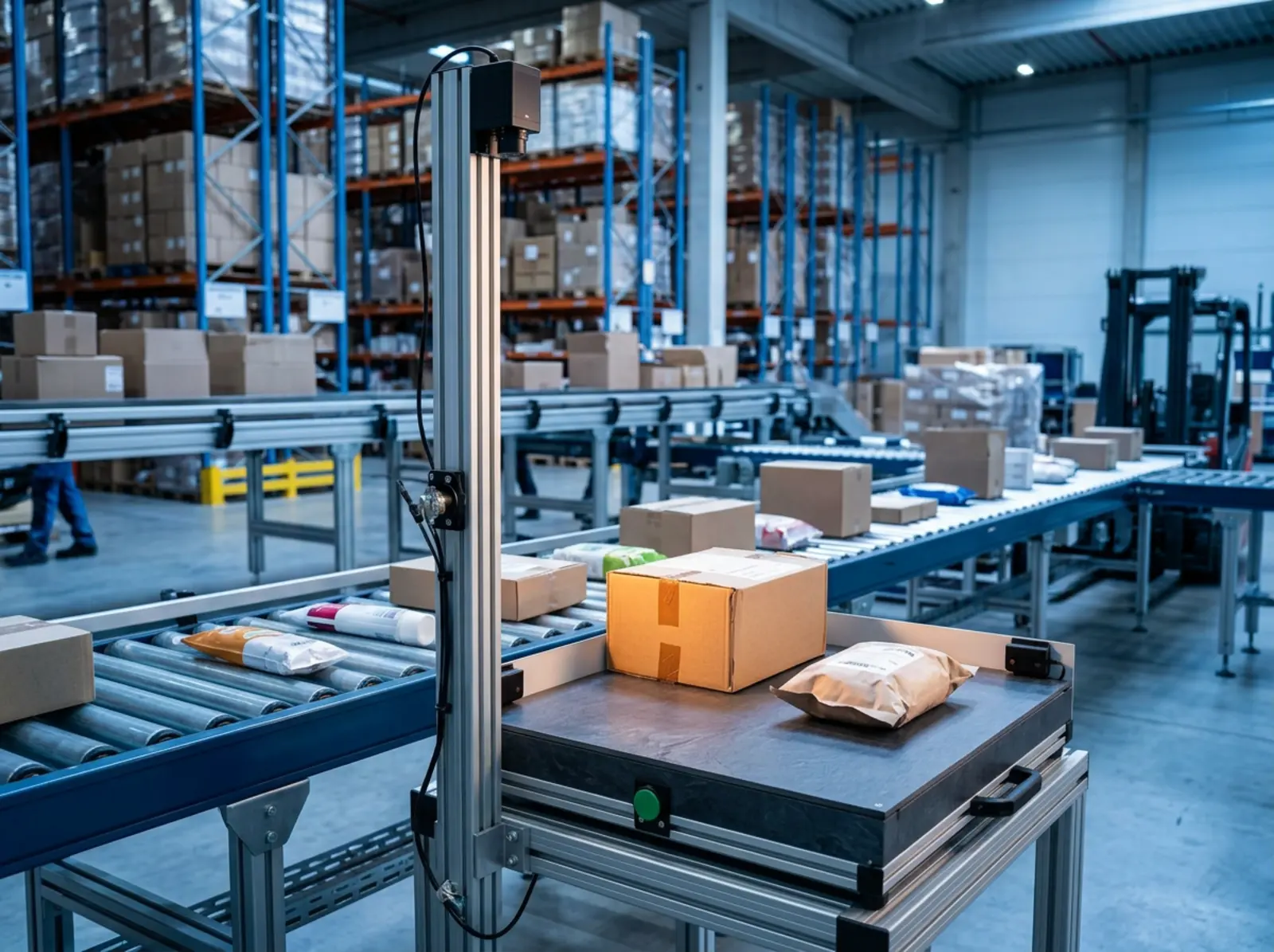 Packaging warehouse with conveyor belt, volume measurement, cardboard boxes, and custom packaging, blue light
