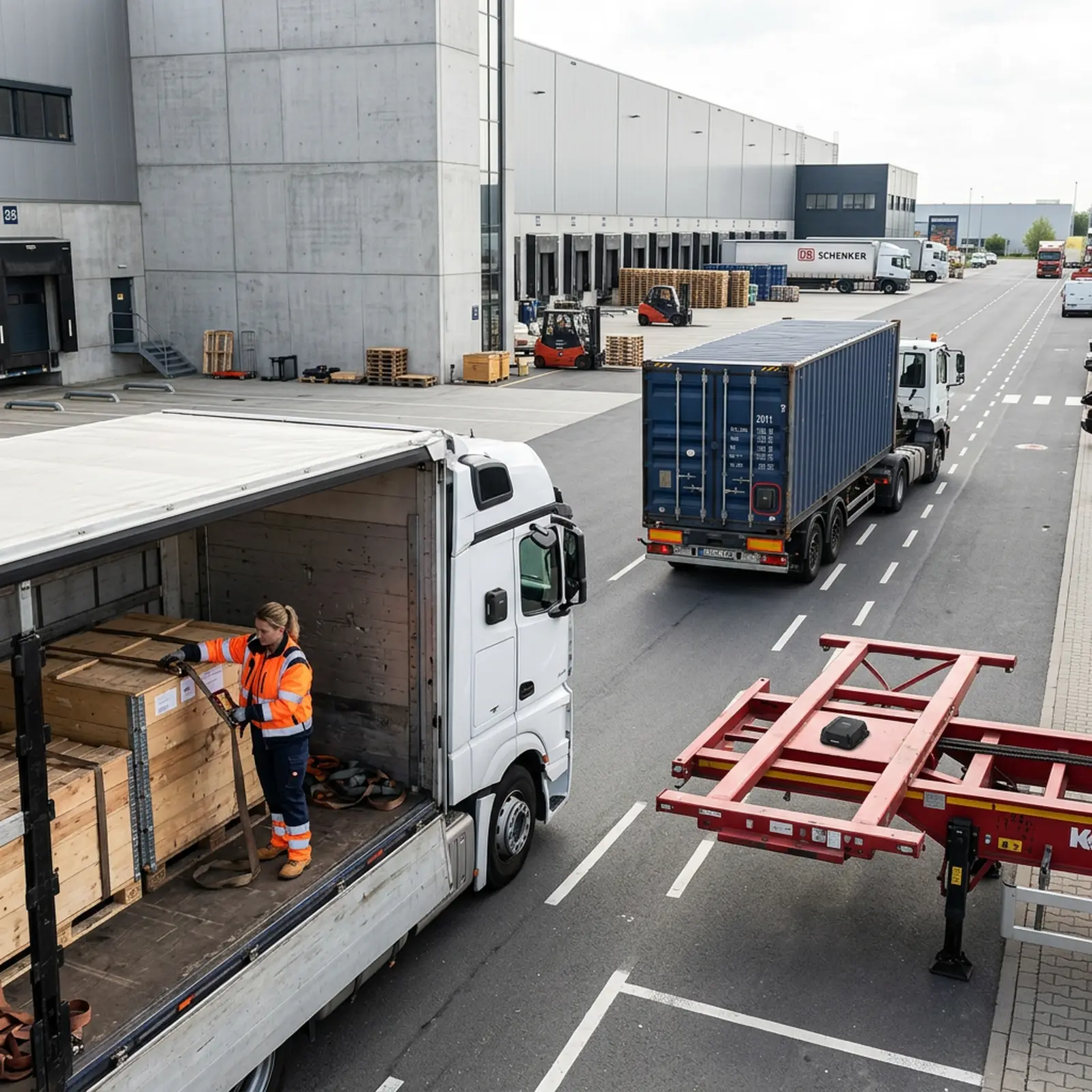 Außenlogistikhof: LKW mit Frachtcontainer, Tracker am Asset sichtbar.