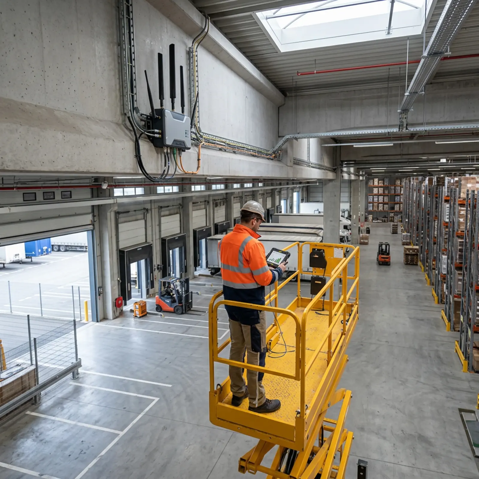 Gateway-Einheit hoch an einer Lagerwand, Sensorzonen, Techniker prüft Netzwerk-Hardware