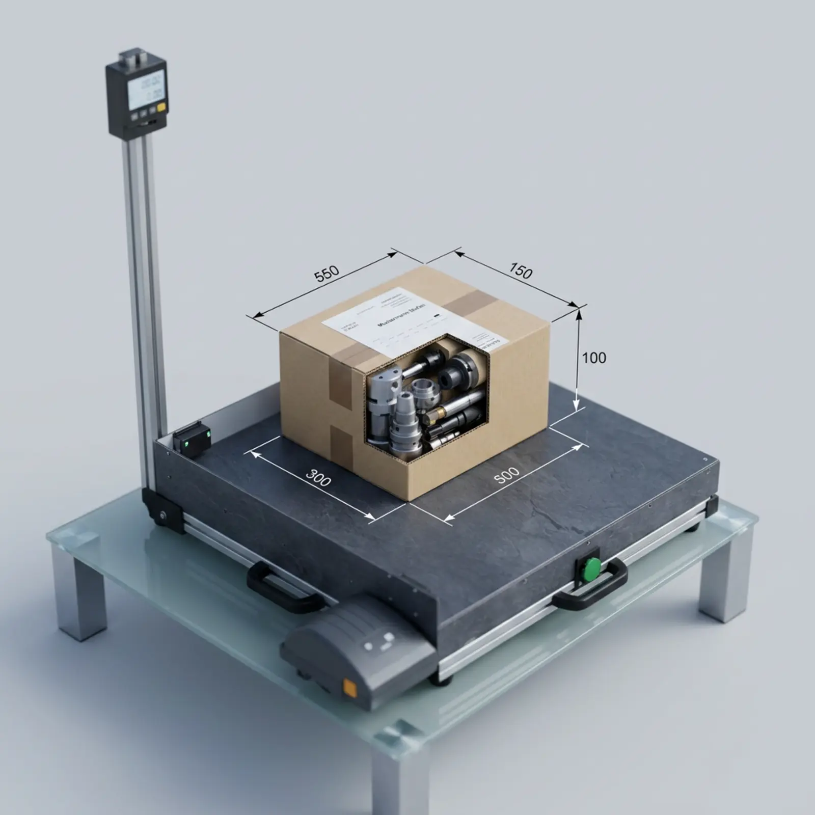 Fotografía industrial con infografía: caja de cartón con los productos bien visibles, medidas visibles, fondo neutro.