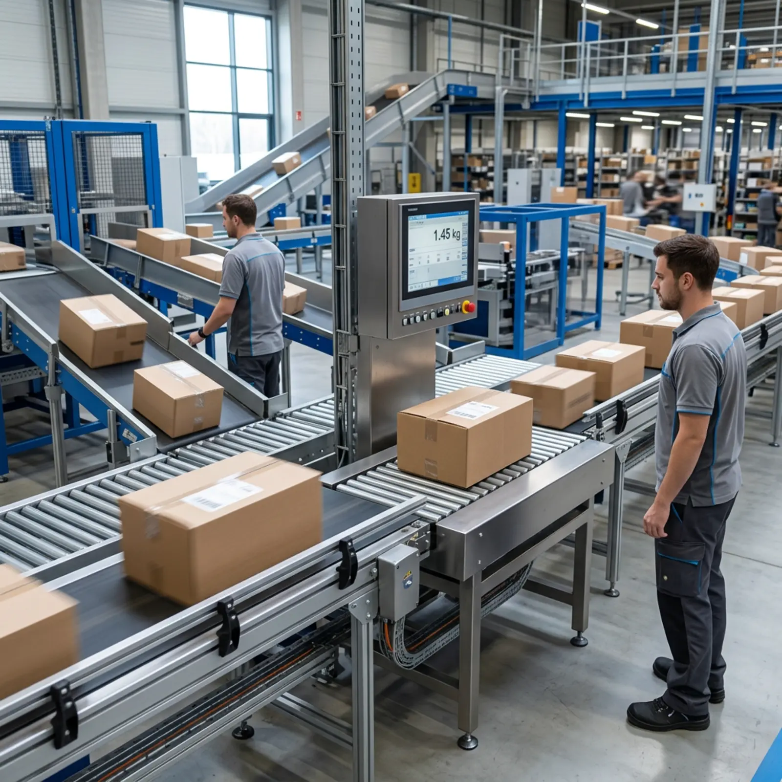 Une trieuse pondérale pour paquets trie les cartons ; les employés surveillent l'opération depuis le côté.