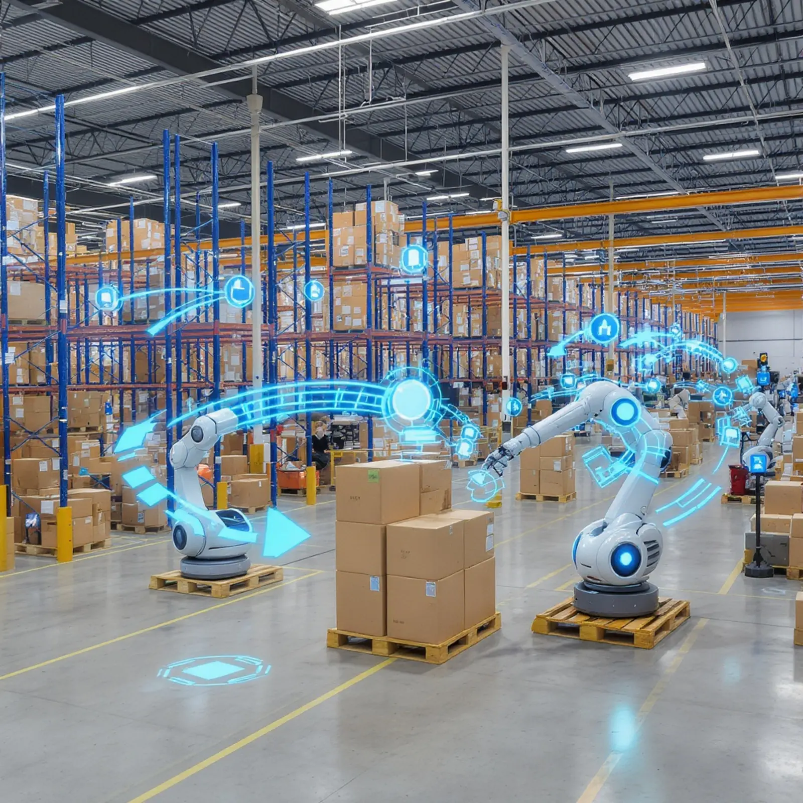 Entrepôt moderne doté d'un système d'automatisation basé sur l'IA, avec des robots qui déplacent des palettes, des véhicules autonomes et des capteurs