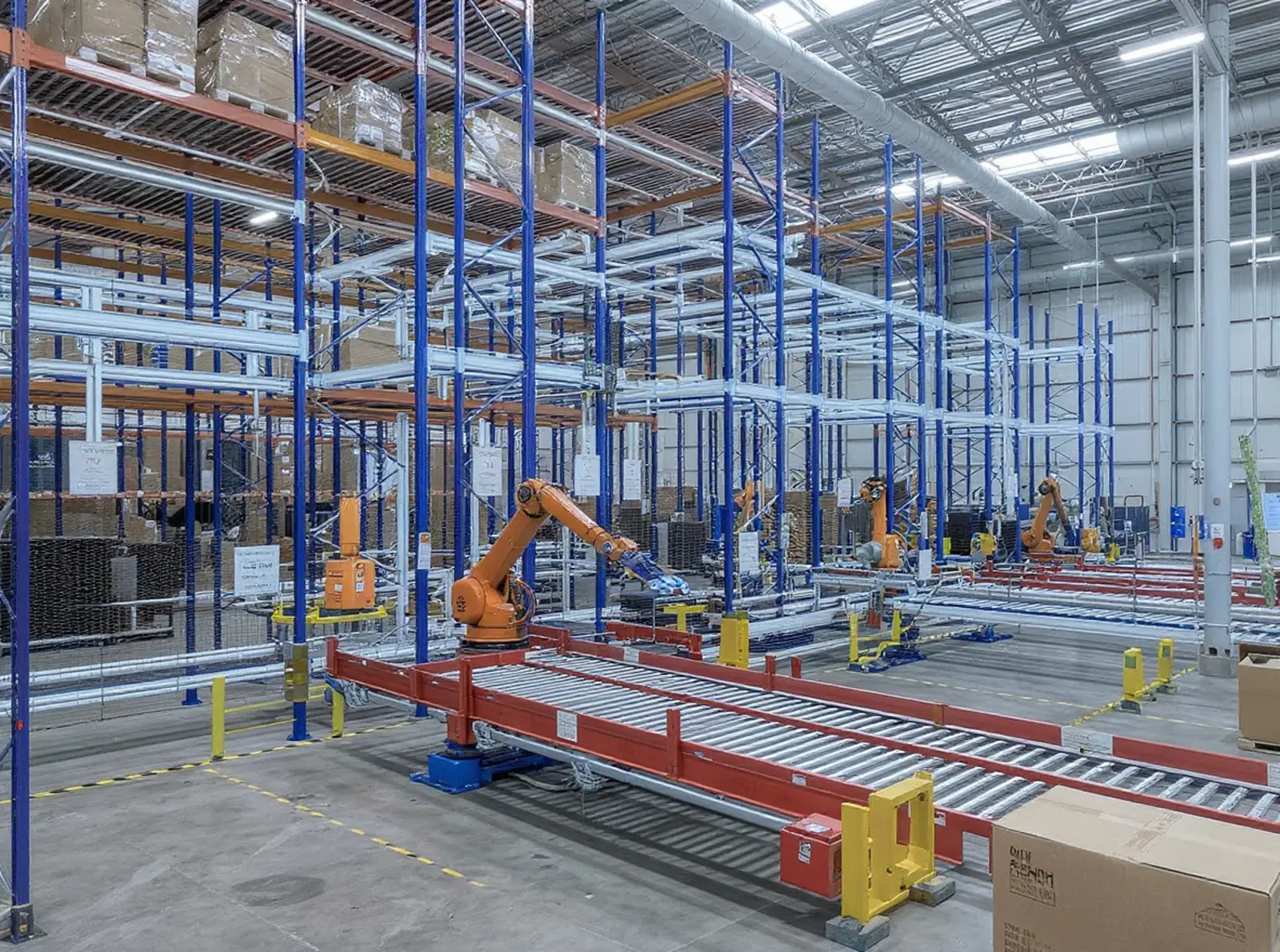 Entrepôt moderne à rayonnages en hauteur automatisé, équipé de robots, de convoyeurs, d'un système AS/RS et de tableaux de bord WMS.