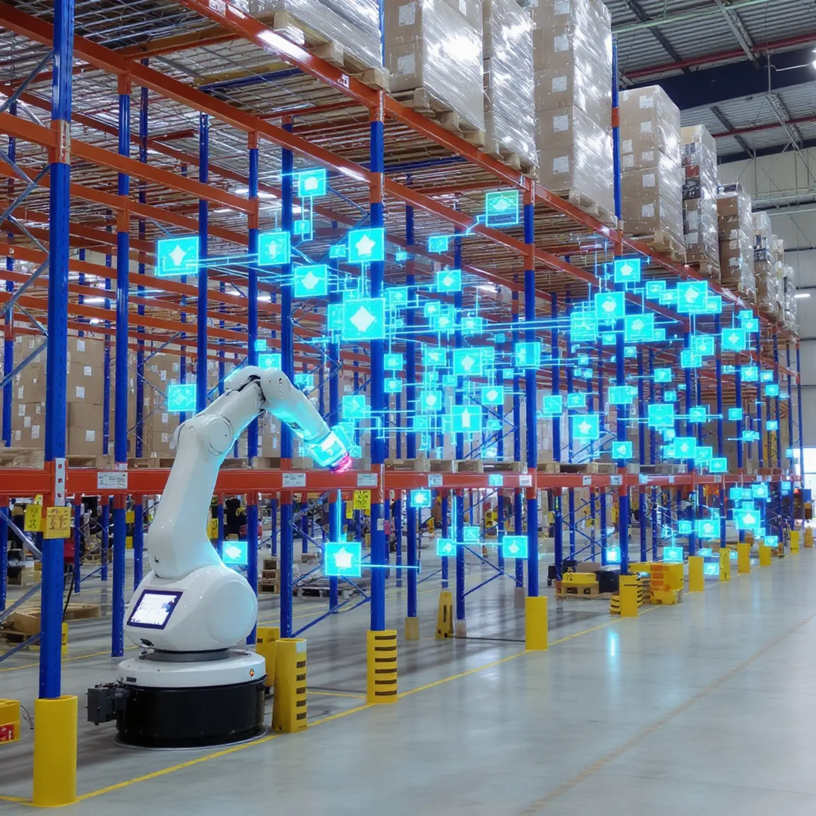 Entrepôt automatisé à rayonnages en hauteur équipé de robots autonomes, de capteurs et d'un tableau de bord WMS-ERP avec optimisation par IA