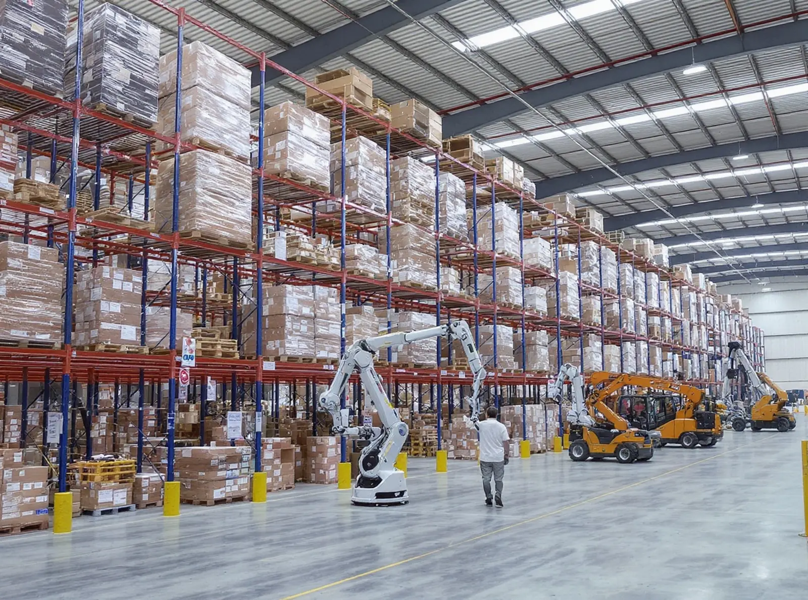 Entrepôt à rayonnages en hauteur réaliste avec AS/RS, convoyeurs, robots autonomes et tableaux de bord SAP EWM/WMS