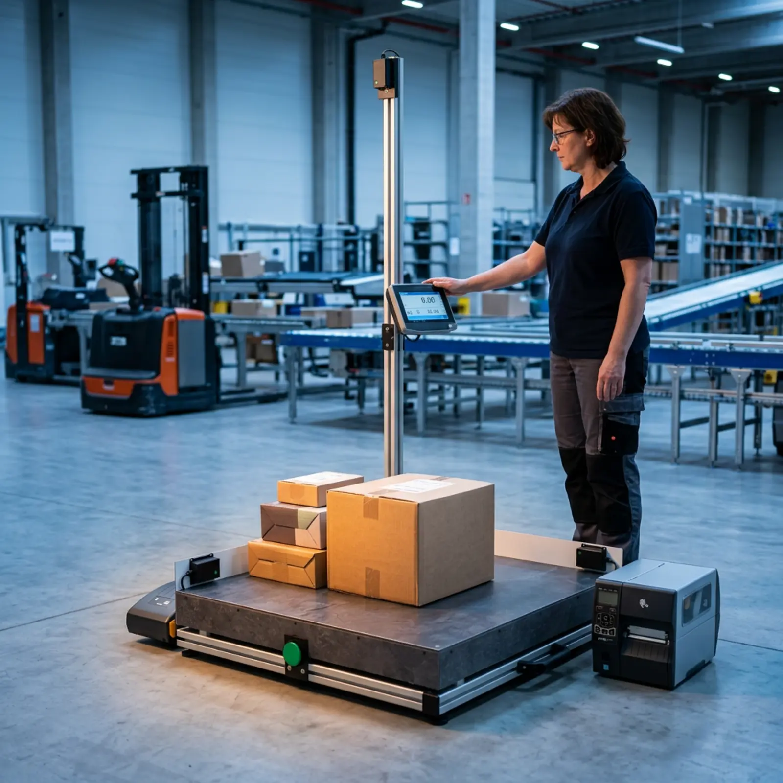 A volume measuring device measures a package on a surface in a logistics center, with a blurred background.