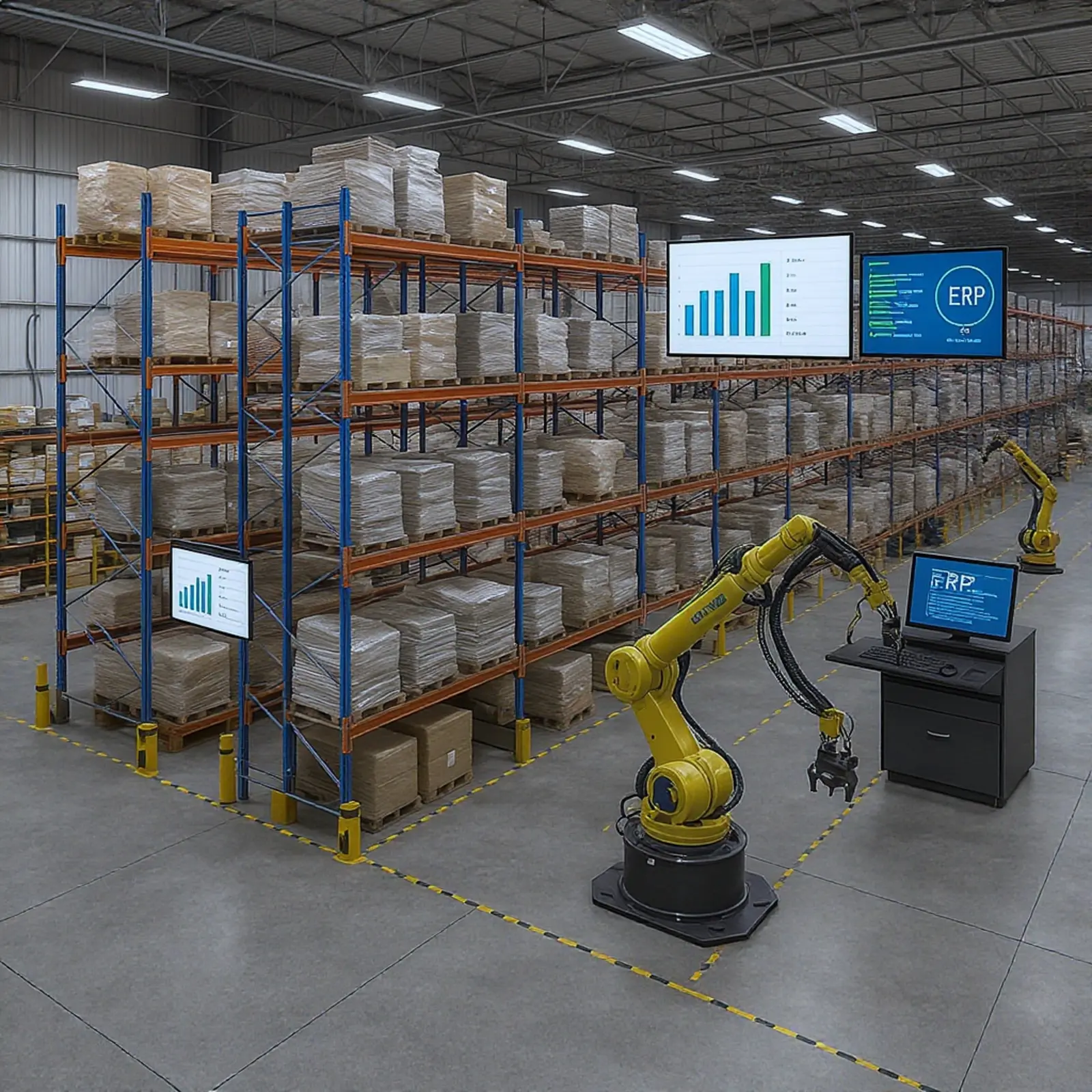 Image carrée photoréaliste représentant un entrepôt automatisé à rayonnages en hauteur, avec des robots et des tableaux de bord ERP.