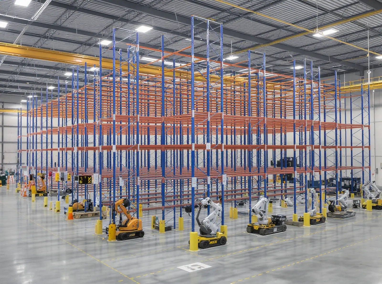 Hochregallager mit automatisierten Systemen, Robotern und Kranen.