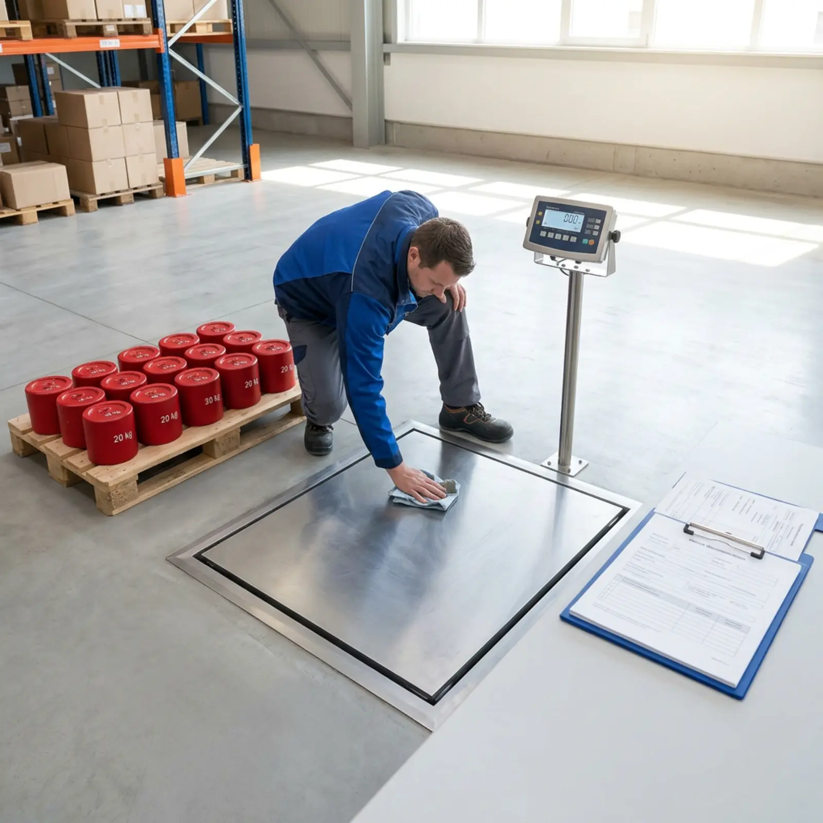 Un employé dégage la plate-forme de la balance industrielle, la nettoie et y dispose les documents nécessaires.