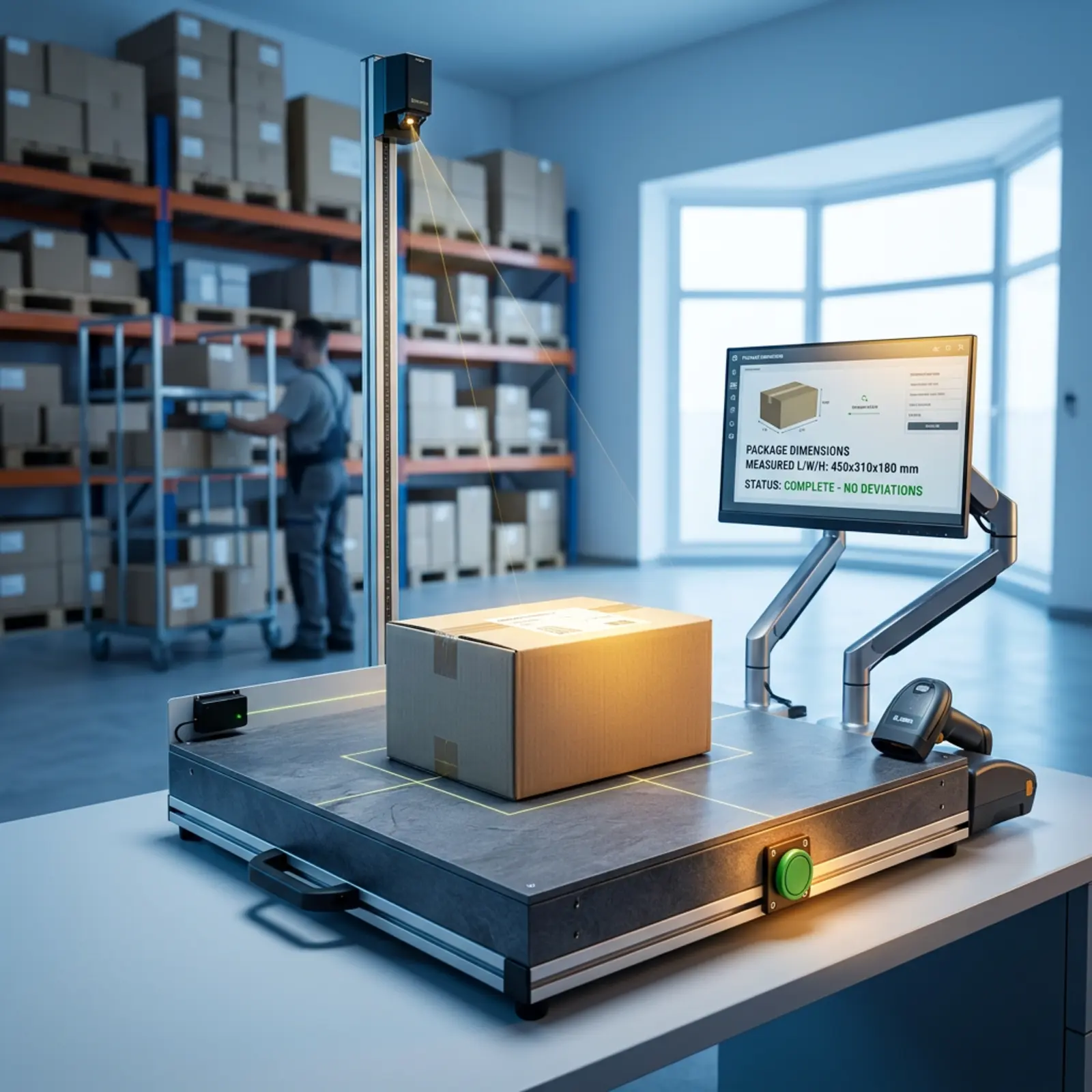 A packaging box is measured at a warehouse sizing station; a computer displays the dimensions.