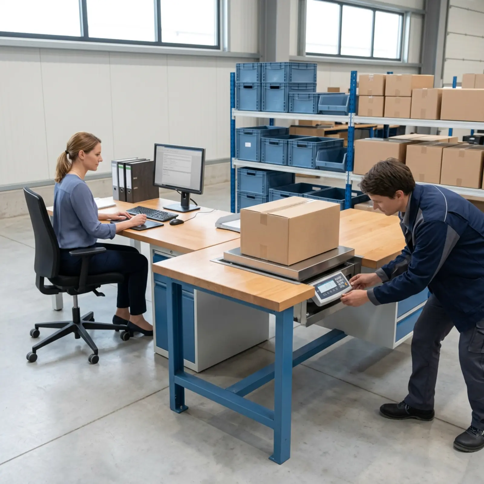 Nouvelle balance d'emballage sur la table d'emballage ; un employé consigne la date de mise en service.