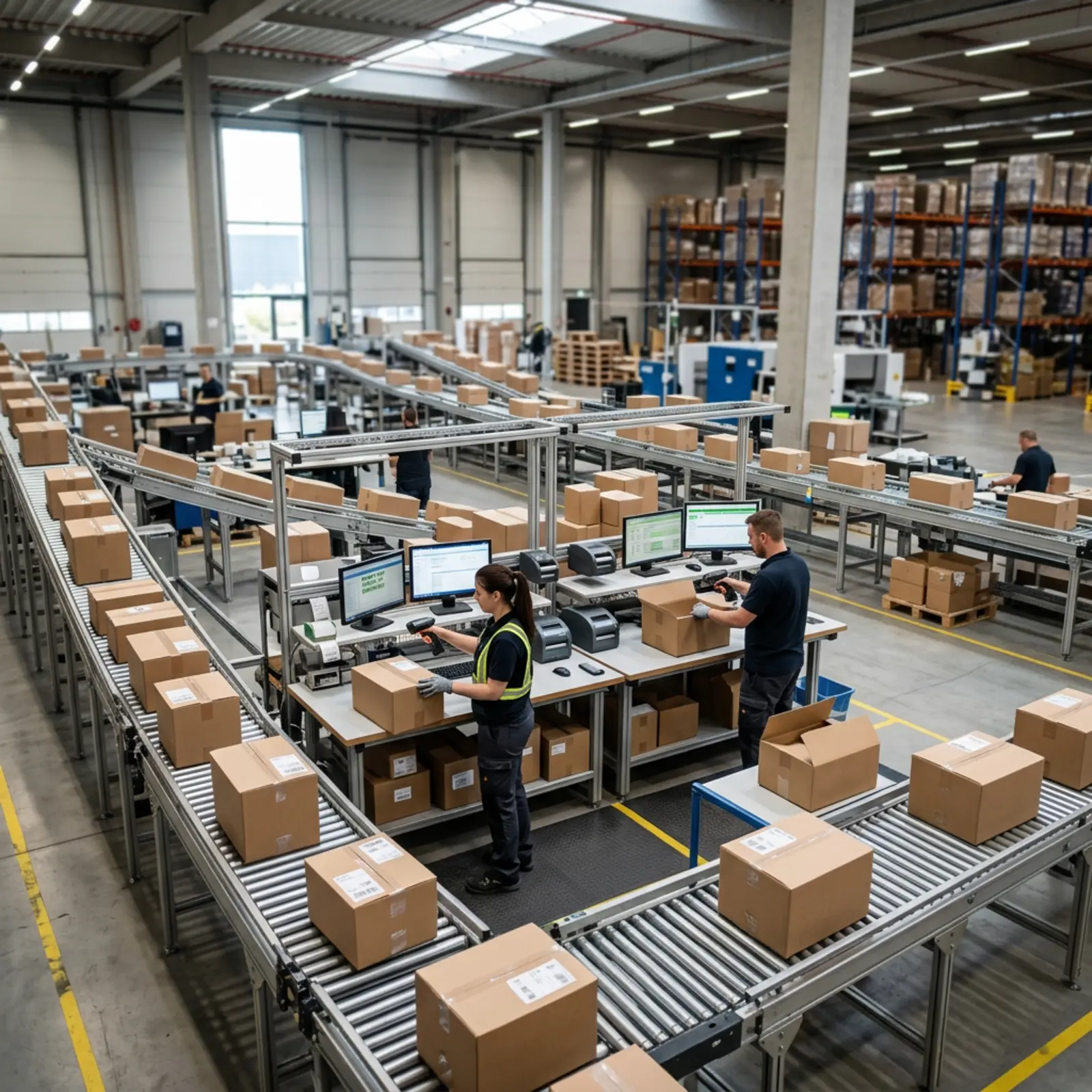 Image photoréaliste d'un site logistique : entrepôt moderne équipé de convoyeurs, de postes d'emballage et de scanners