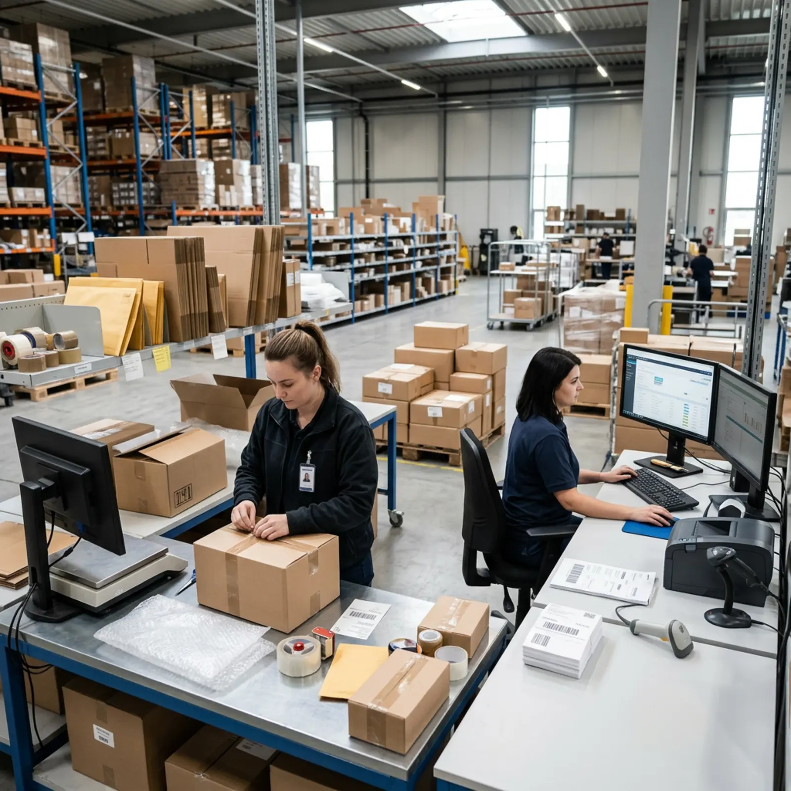 Un employé emballe une commande, tandis qu'un autre vérifie les détails de l'expédition, à côté des matériaux d'emballage.