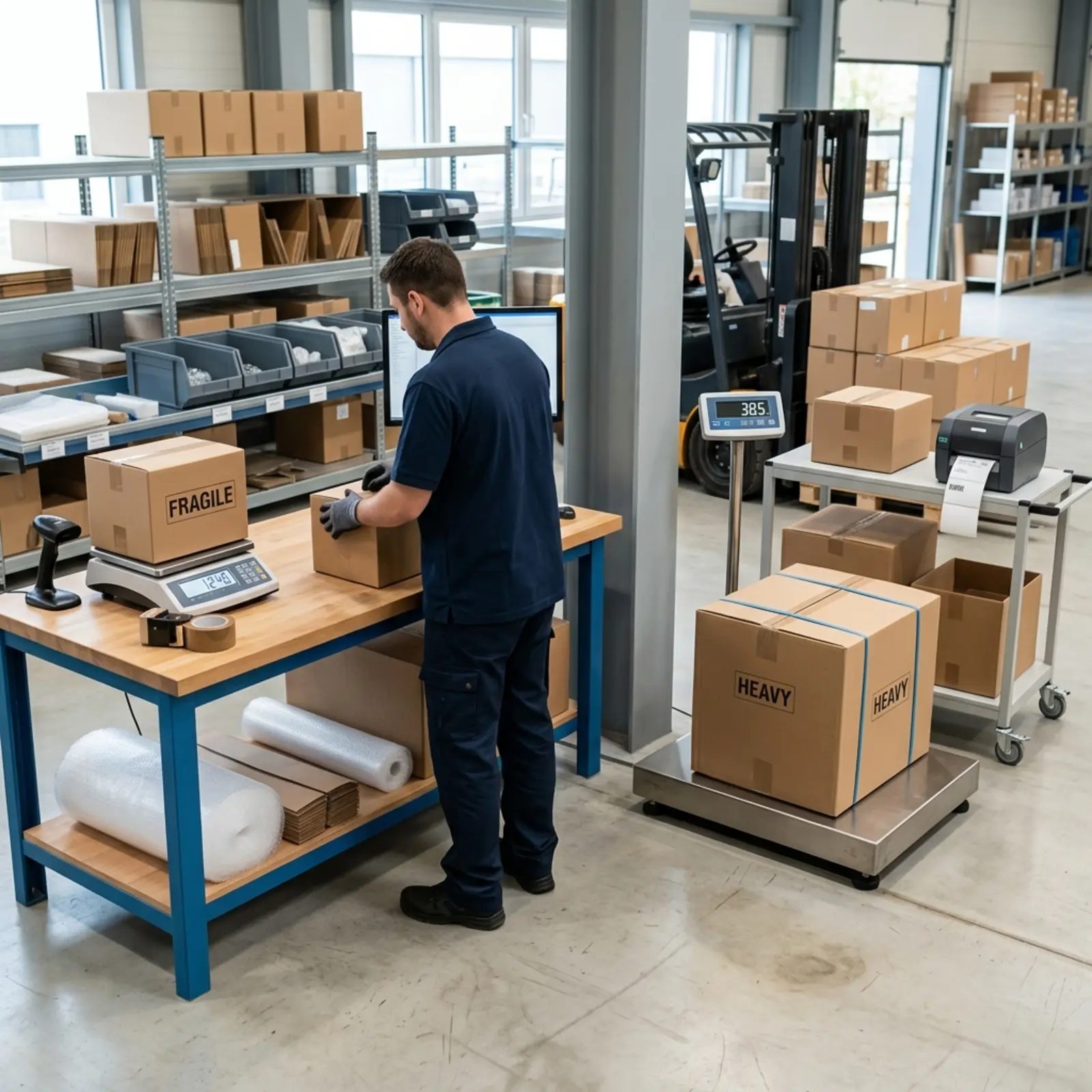 Deux configurations d'expédition côte à côte : une balance de table et une balance à plate-forme basse, toutes deux dans des tons bleus