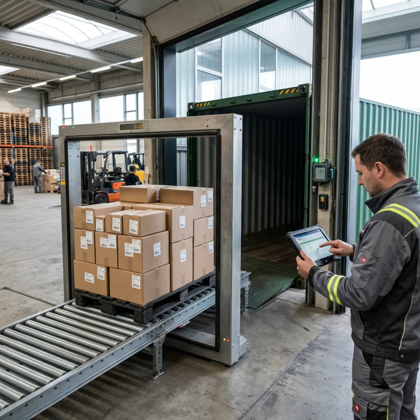Lagerlogistik: Palette durch Lesegerät, Temperatur-Sensor am Container, Mitarbeiter scannt Tablet