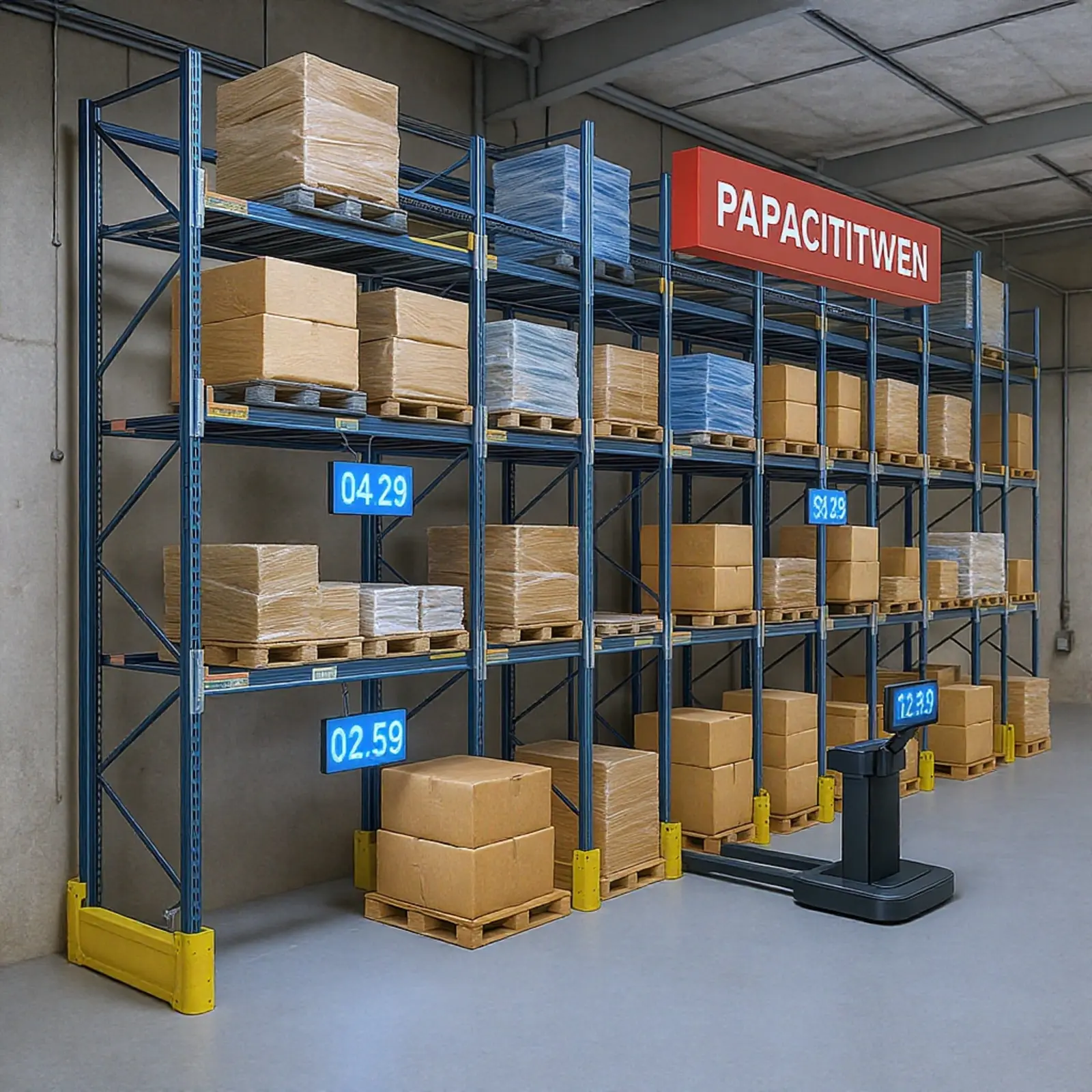 Hochregallager mit automatisierten Regalen, Roboter-Pickern, beladenen Paletten und Kapazitätsanzeige.