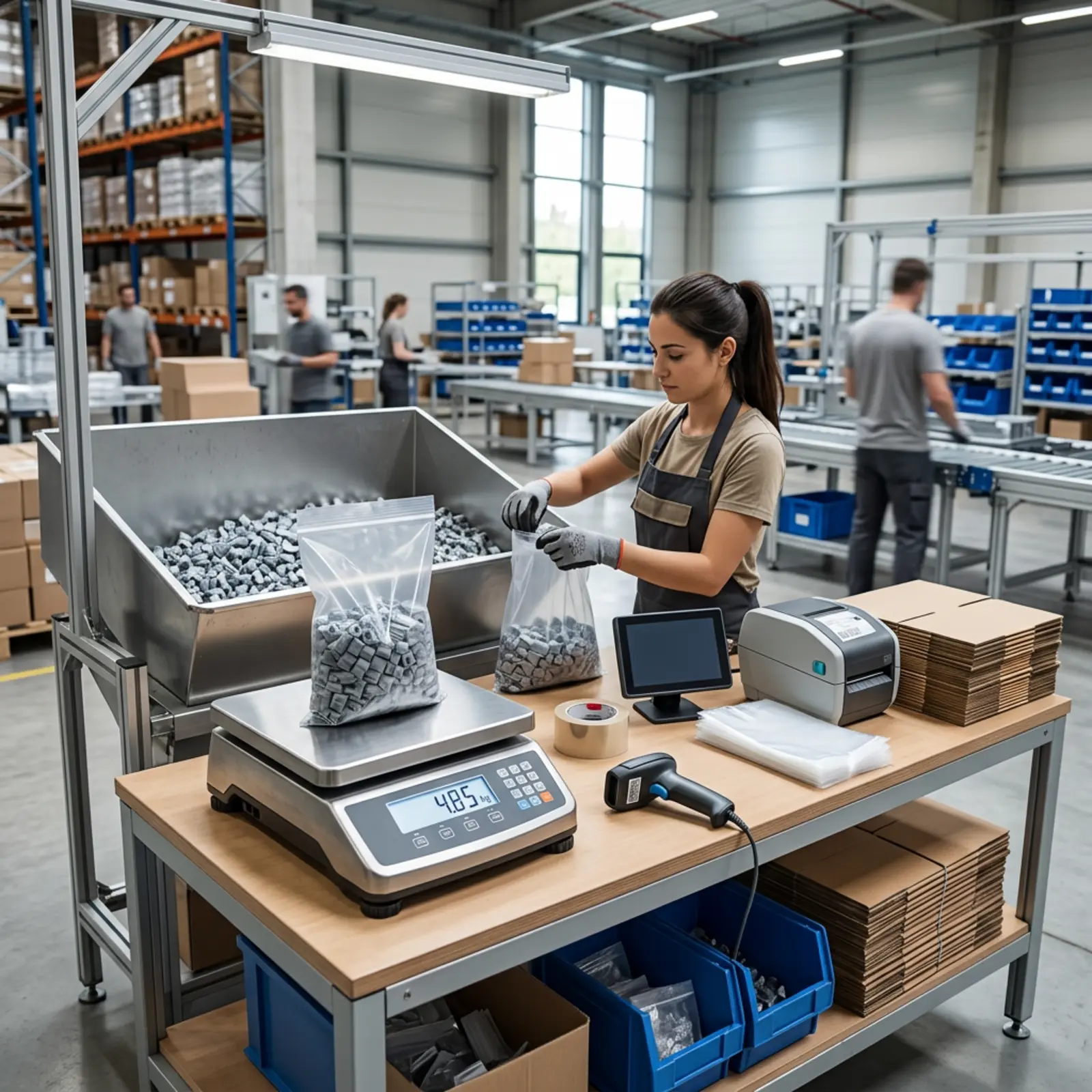 Photo réaliste d'un environnement dédié à l'expédition et à la logistique : balance, table d'emballage, sachets individuels.