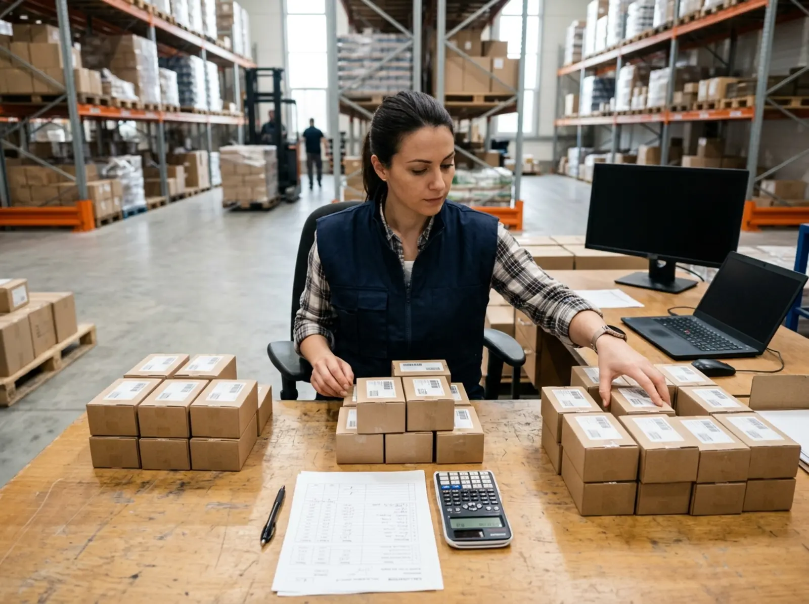 Logistikkoordinator ordnet Produktpakete am Lagerarbeitsplatz in Gruppen auf dem Tisch an