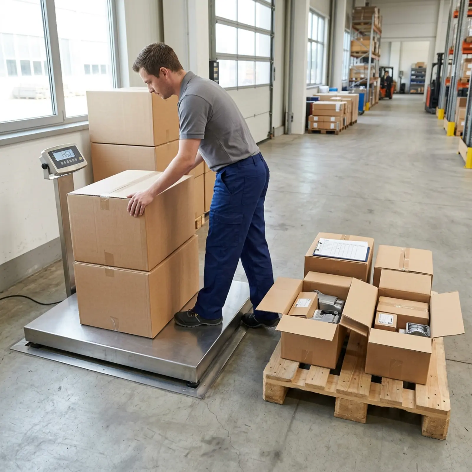 Un employé pèse les marchandises à leur réception sur une balance industrielle et vérifie les quantités