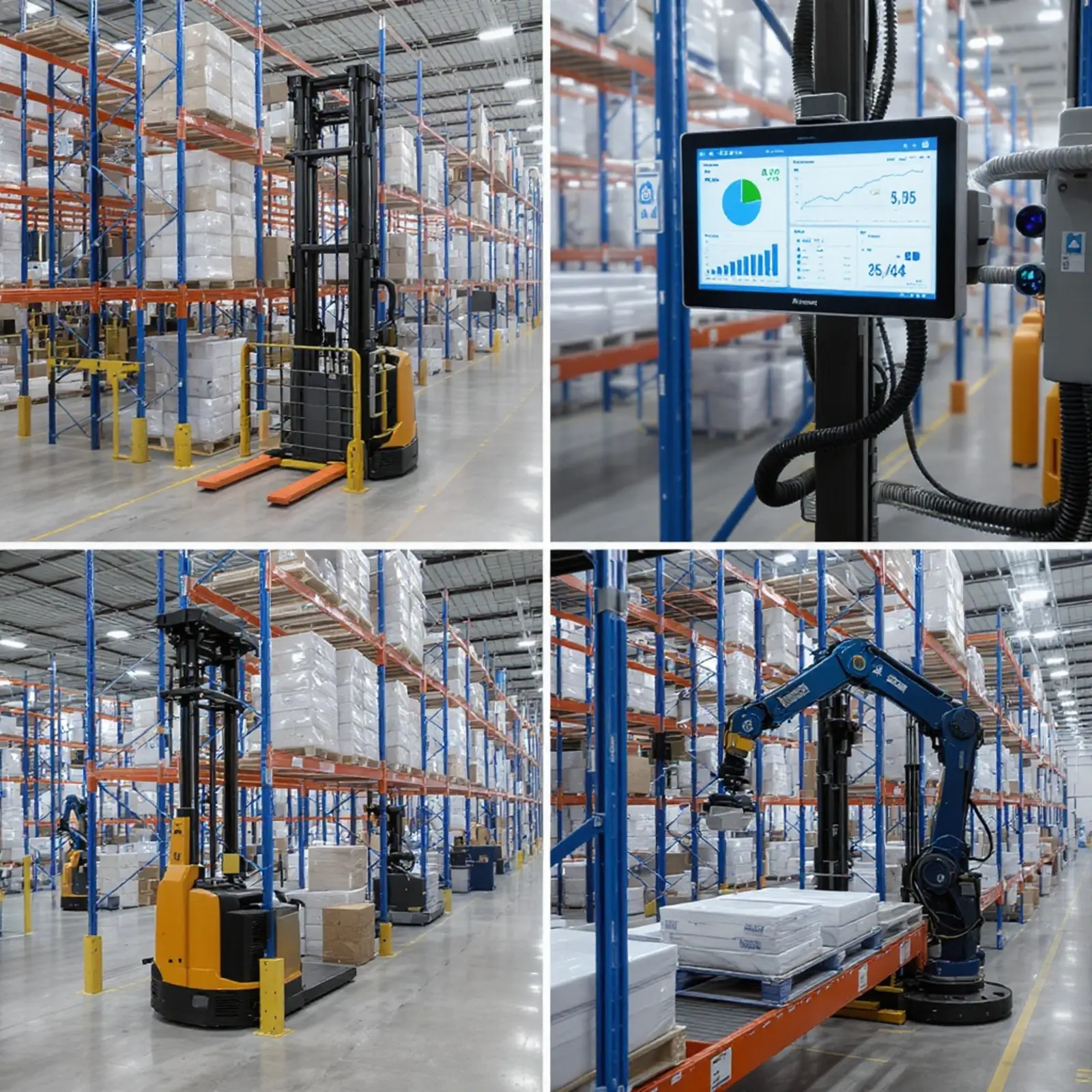 Image carrée représentant un entrepôt automatisé à rayonnages en hauteur avec des palettes, des robots AS/RS et un tableau de bord des indicateurs clés de performance (KPI)