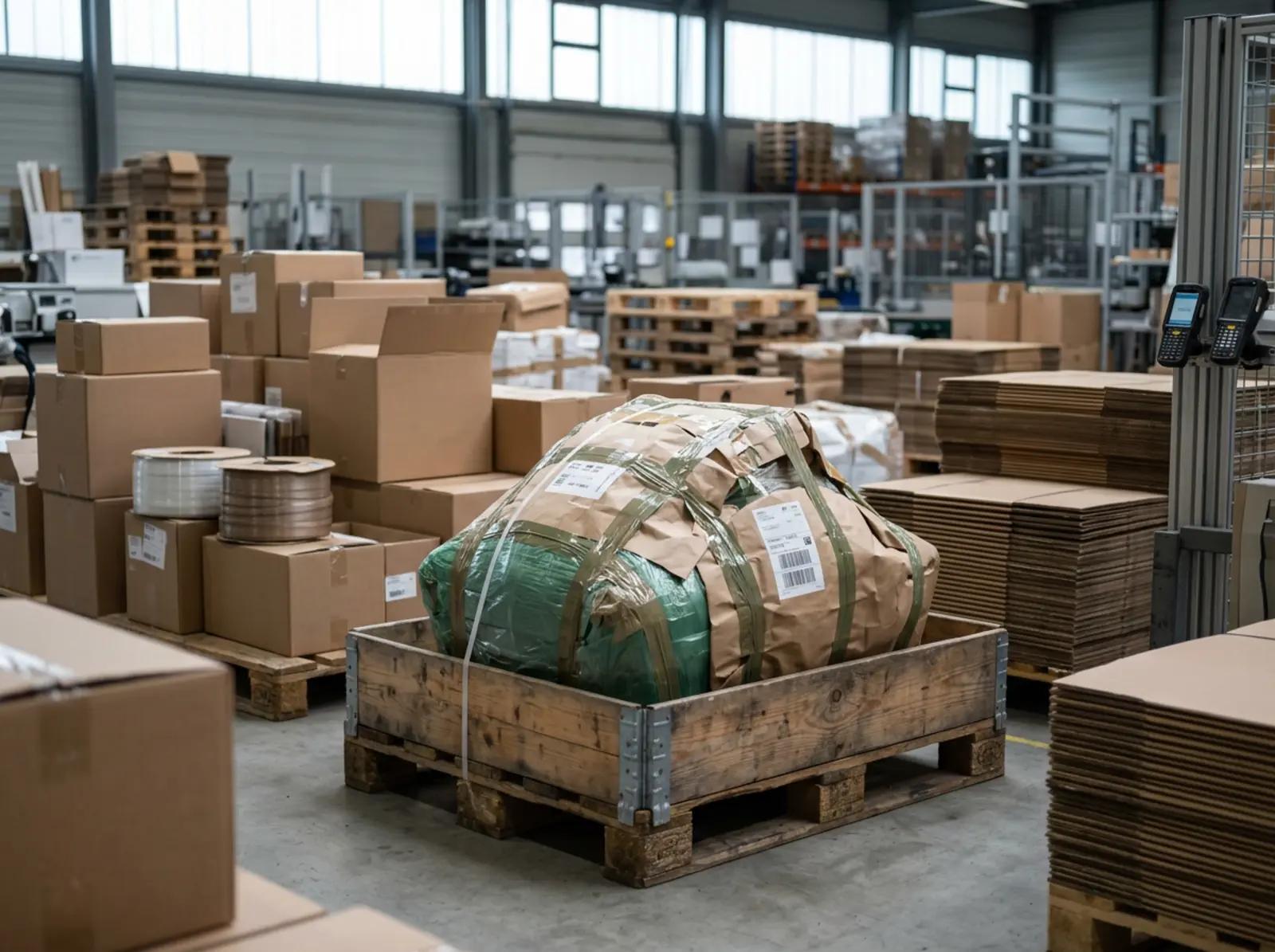 Paquete de forma irregular sobre un palé en un almacén logístico, rodeado de cajas de cartón y material de embalaje.