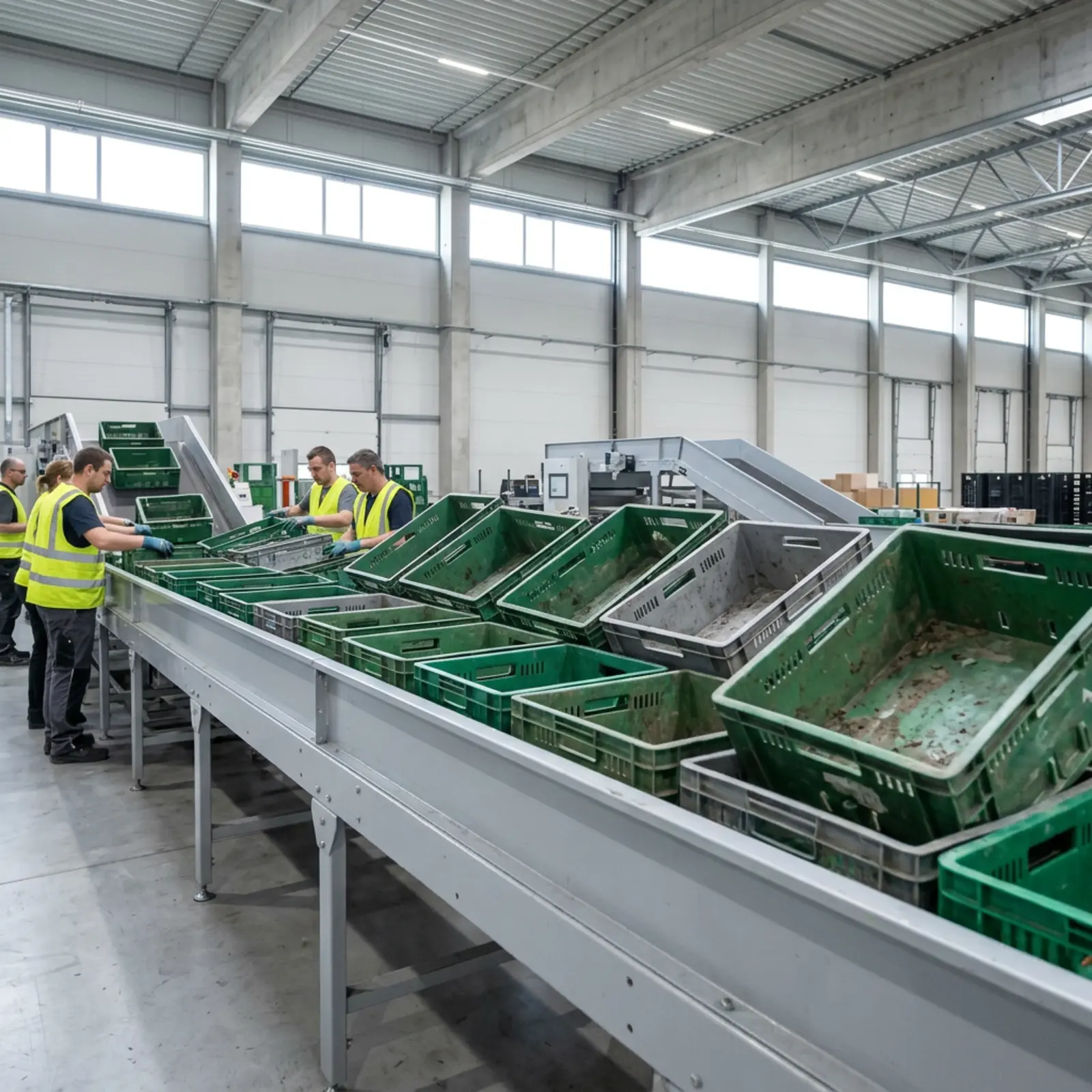 Logistiklager mit Förderband, Industrie-Waschmaschine und gereinigten Containern im Ablaufprozess