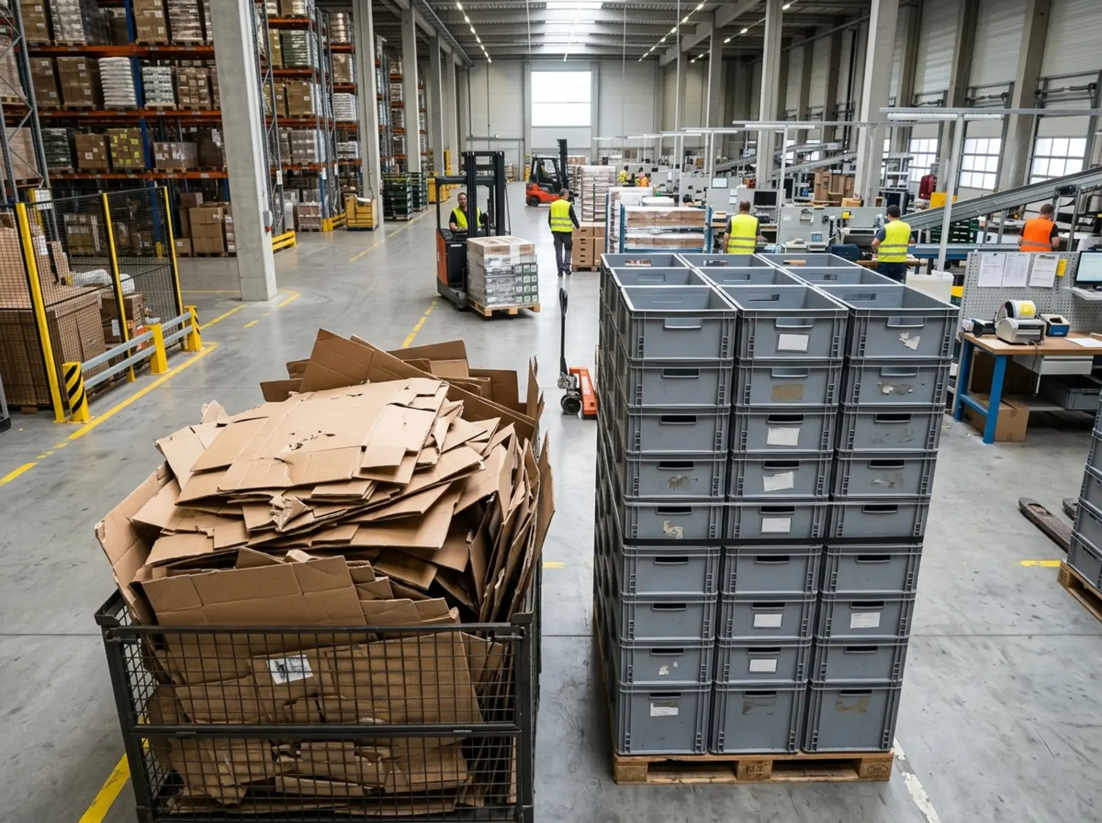 Zwei Sortierbereiche im modernen Lager: Kartonabfall und gestapelte Plastikcontainer zur Wiederverwendung