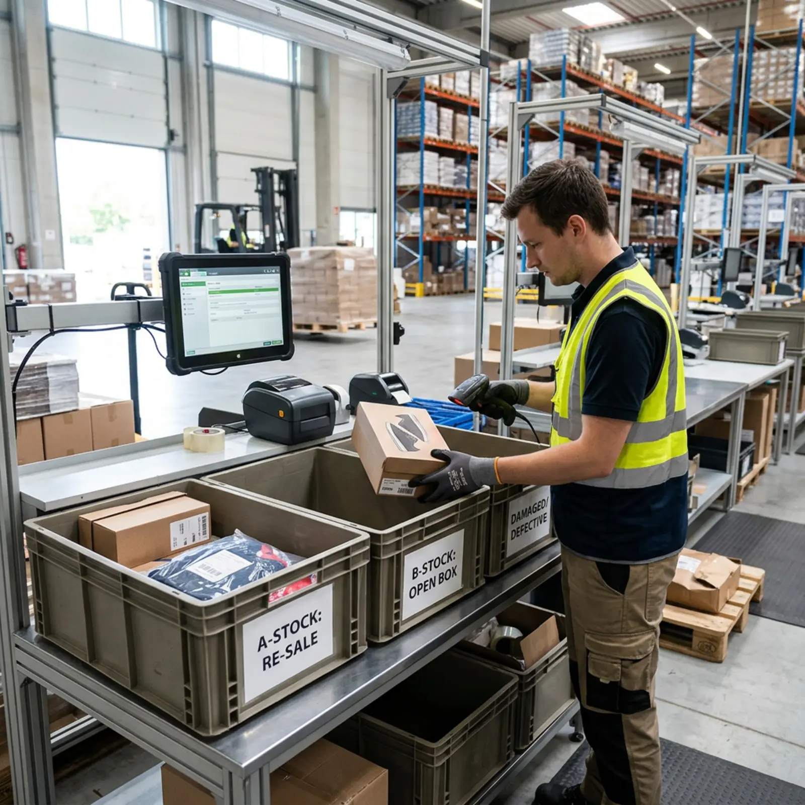 Mitarbeiter scannt eine Rücksendung und sortiert sie in drei Behälter im Logistiklager